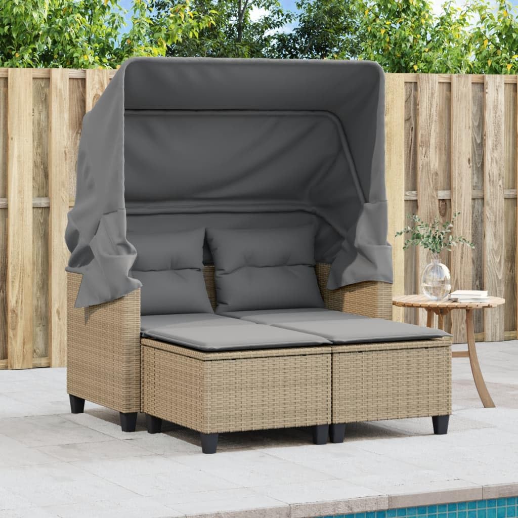 Divano da giardino a 2 posti con tetto estraibile, 2 sgabelli, beige, polyrattan, resistente ai raggi UV, 123 x 65 x 155 cm, divano lounge modulare per terrazza, balcone