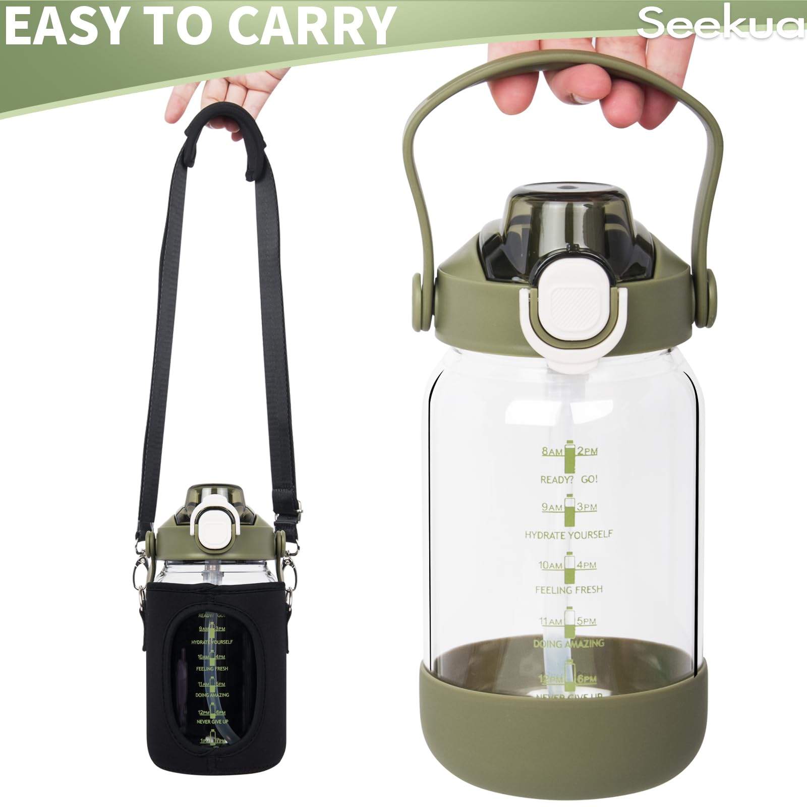 Seekua 32 Oz Fruit Infuser Water Bottle - Glass With Straw, Time Marker, 2 Infusers (Fruit & Tea), Sleeve & Brush