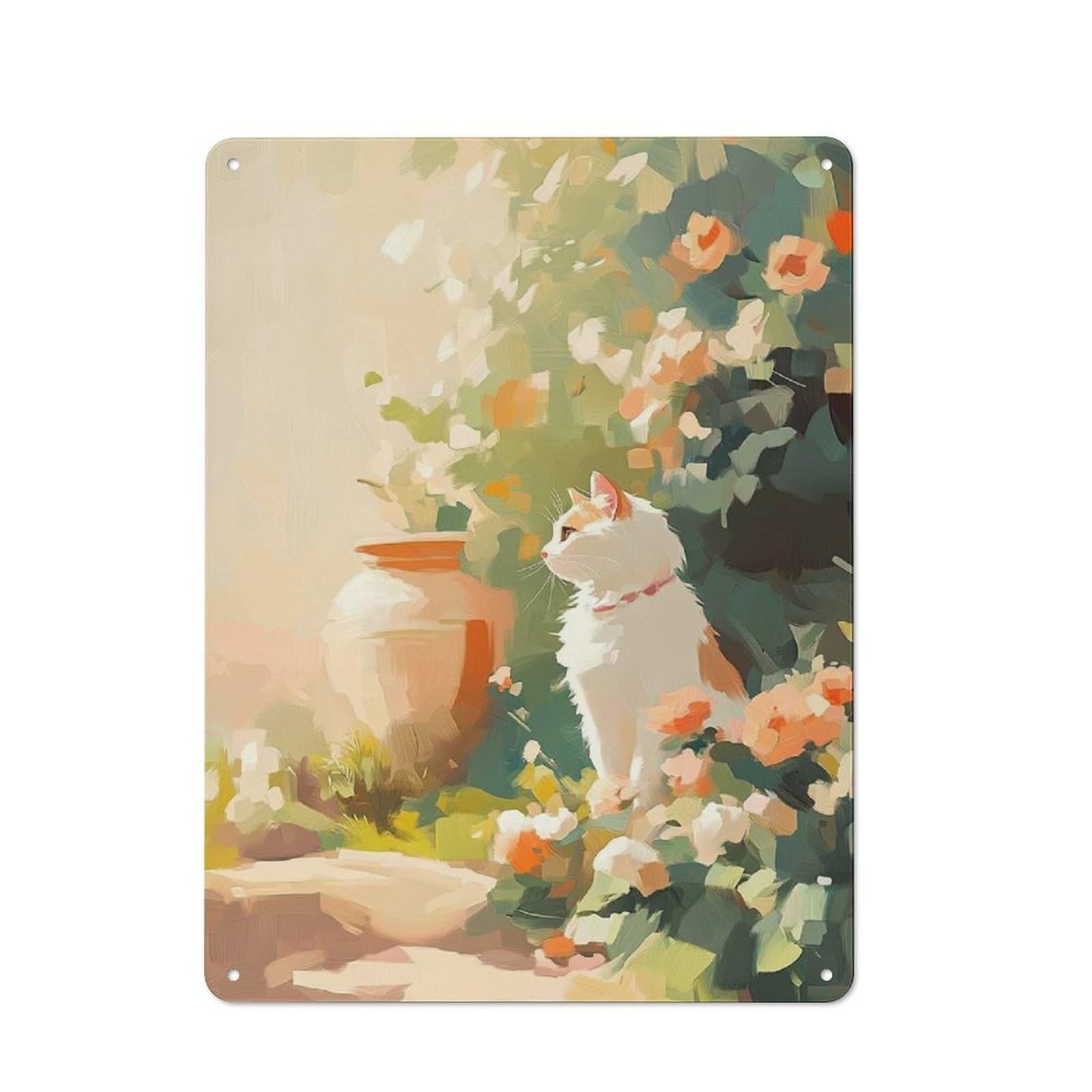 Tin Wall Plaque 40x30cm with Cat in A Garden for Studio Or Craft Room, Suited to Craft Room Decorators