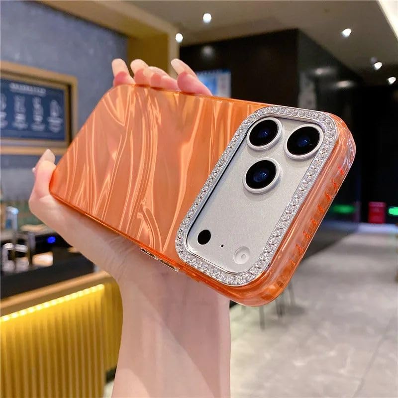Image of Elzzi Compatible with iPhone 17 Pro Max Case | Marble Glossy Hard PC Back Cover with Diamond Camera Protector | Ultra Stylish Shockproof Back Cover Case for Girls Women-Orange