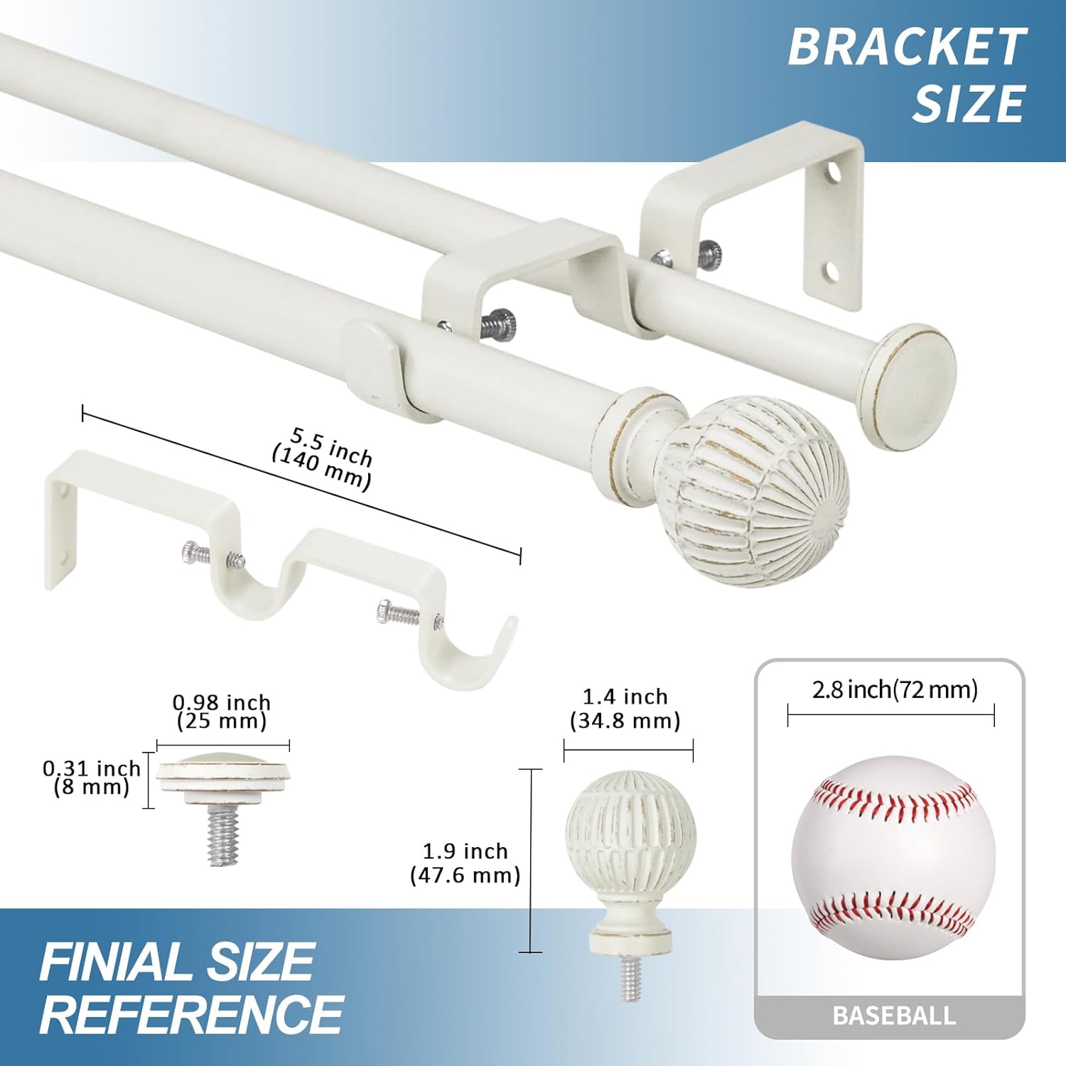 Urbanest Adjustable 5/8 Inch Double Curtain Rod Set with Volle Finials - Decorative Window Rod 28-120 Inch for Bedroom/Living Room, Weathered White