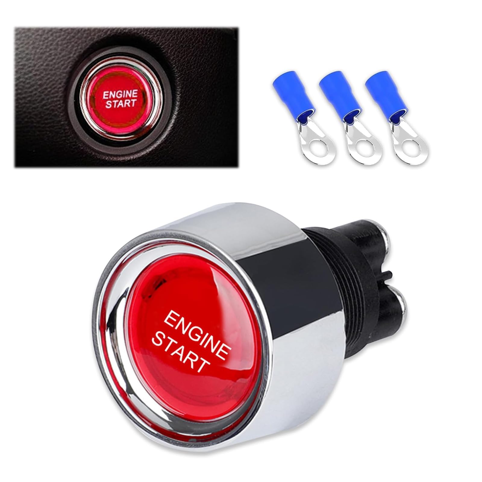 1 PC Car Modified Ignition with Ring Terminal, Vehicle Engine One-Button Start Switch Accessories, Universal Self-Reset Automotive Momentary Starter Replacement for Car Truck RV Marine (Red)