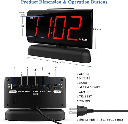 Miniatura 2 de GING YHAU Reloj despertador de dígitos grandes para dormitorio con base giratoria, 2 niveles de sonido de alarma, reloj digital de brillo de 2