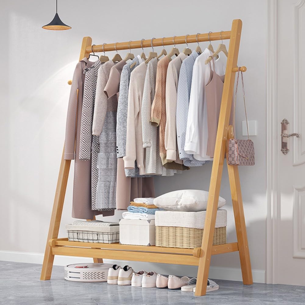 DODOBD Wooden Clothes Rail with Shelves,Portable Garment Rack, Foldable Coat Stand,Free Standing Clothes Rail for Entryway Bedroom Bathroom and Office,120cm