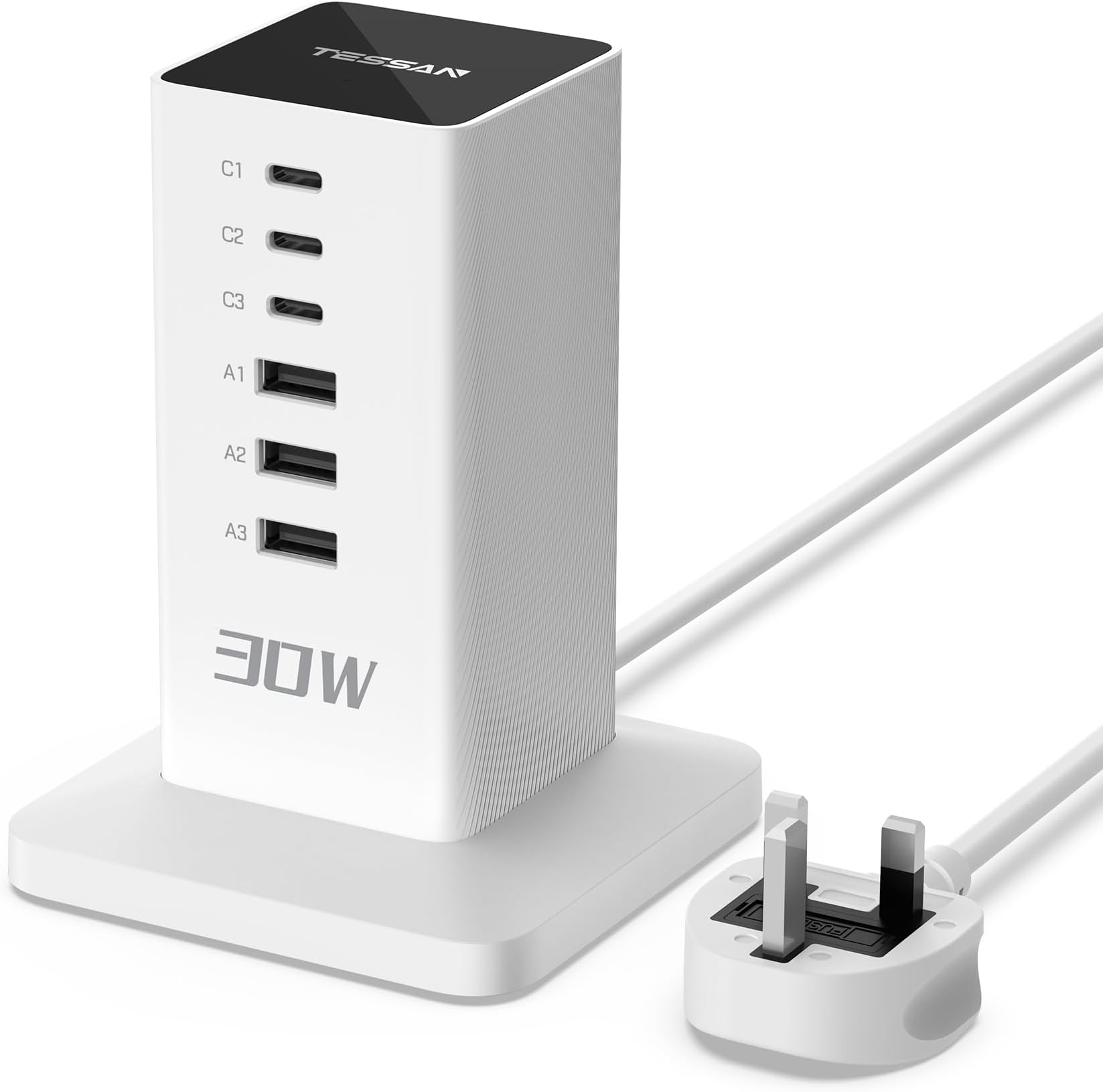 TESSAN USB C Charger Plug, 30W USB Charging Station for Multiple Devices, 6-Port Charging Hub with 2m Extension Cord, Multi Charger Block for Smartphones, Tablets