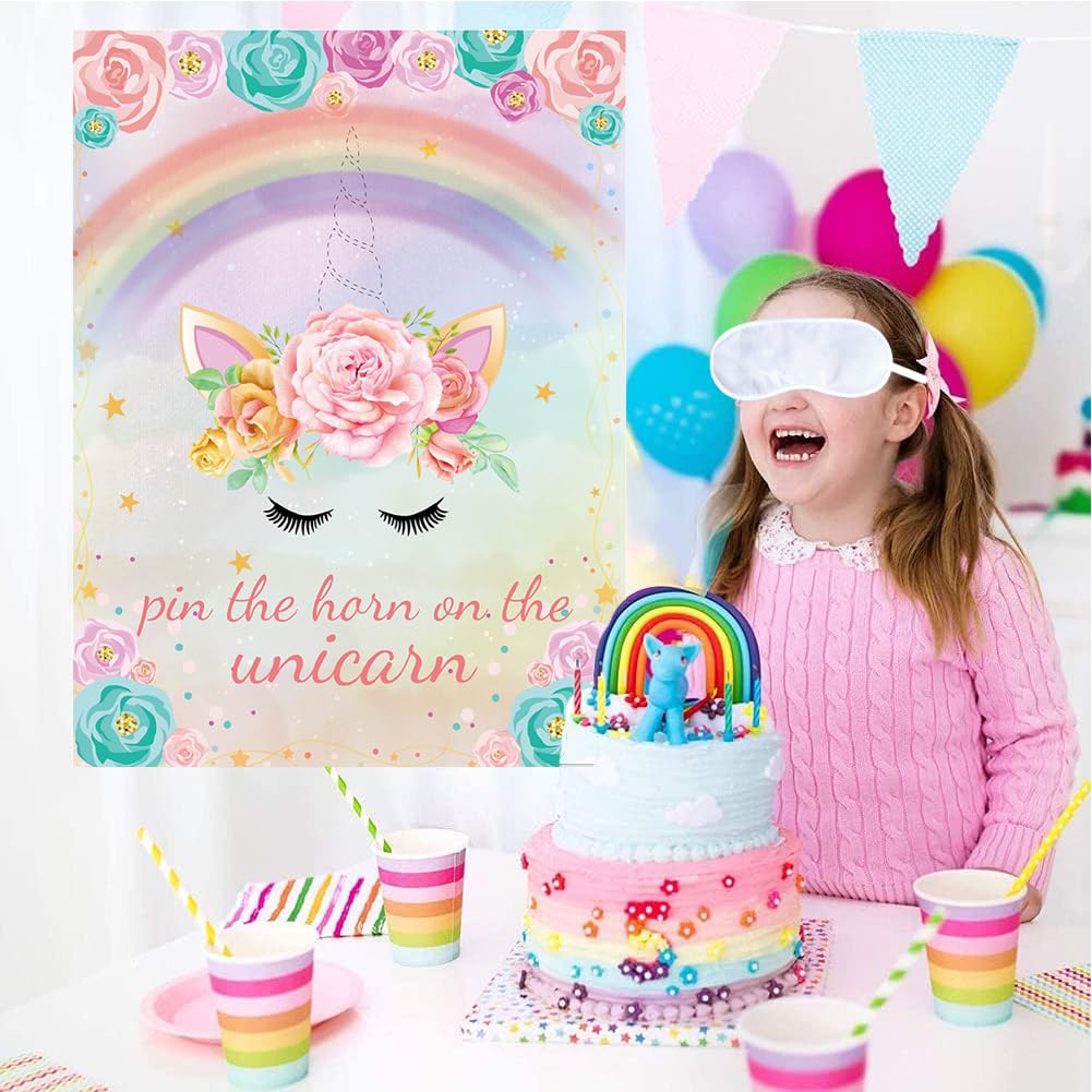 Pin The Horn On The Unicorn Party Gioco,Interattivo Unicorno A Tema Gioco Decorazioni Kit,Con 24 Corna Poster Maschera Per Gli Occhi, Per Feste Di Compleanno Per Bambini