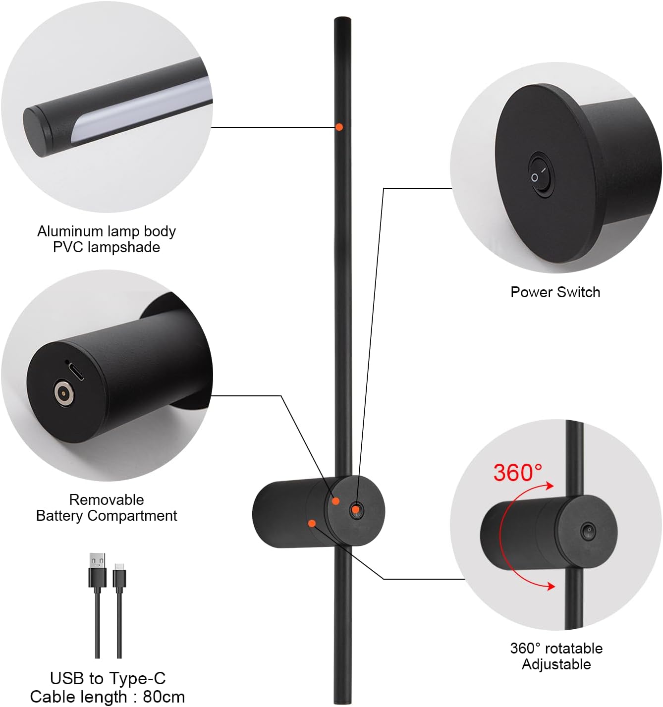 Battery Operated Wall Sconces with Remote Control, USB Rechargeable Wall Lights Wireless, Dimmable LED Wall Sconce Set of 2, 360° Rotation Adjustable Wall Decor for Living Room Bedroom, Black, 24 Inch