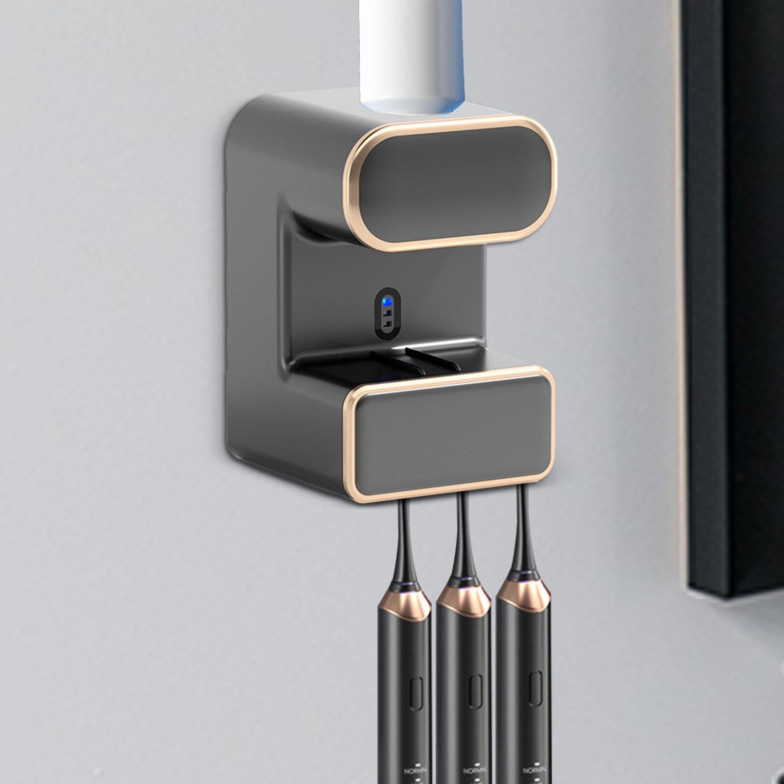 Dispensador de Pasta Automático para Cepillos de Dientes Montado en Pared con Exprimidor Eléctrico Y Soporte Instalación Sencilla Y Almacenamie, Negro con luz, Individual