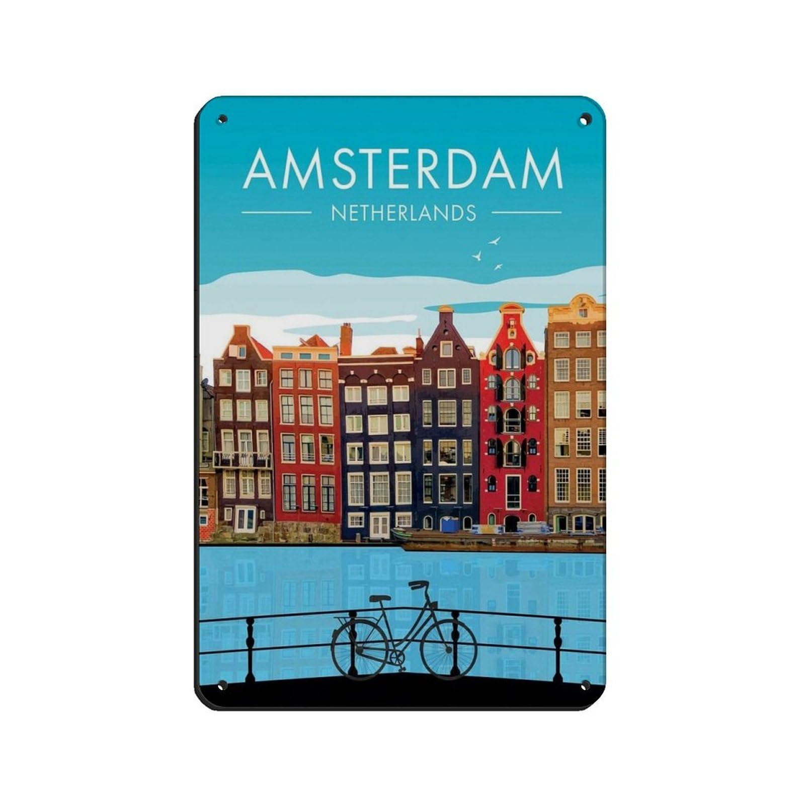 Amsterdam Travel Poster, Netherlands Poster Tin Sign Vintage Metal Pub Club Cafe Bar Home Wall Art Decoration Poster Retro 8x12inch(20x30cm)