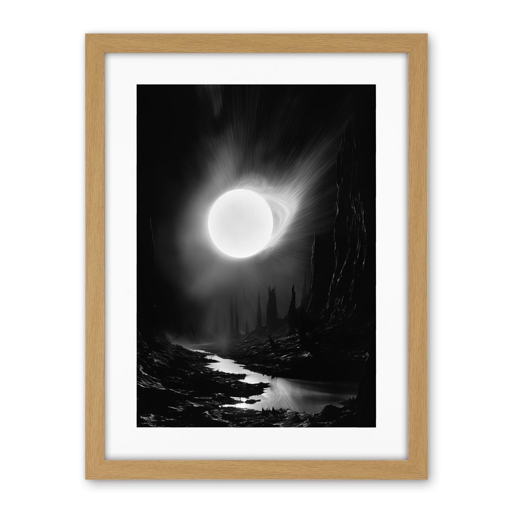 Artery8 Solar Flares Dramatic Fantasy Landscape Black and White Surreal Hades Underworld Artwork Framed Wall Art Print 18X24 Inch