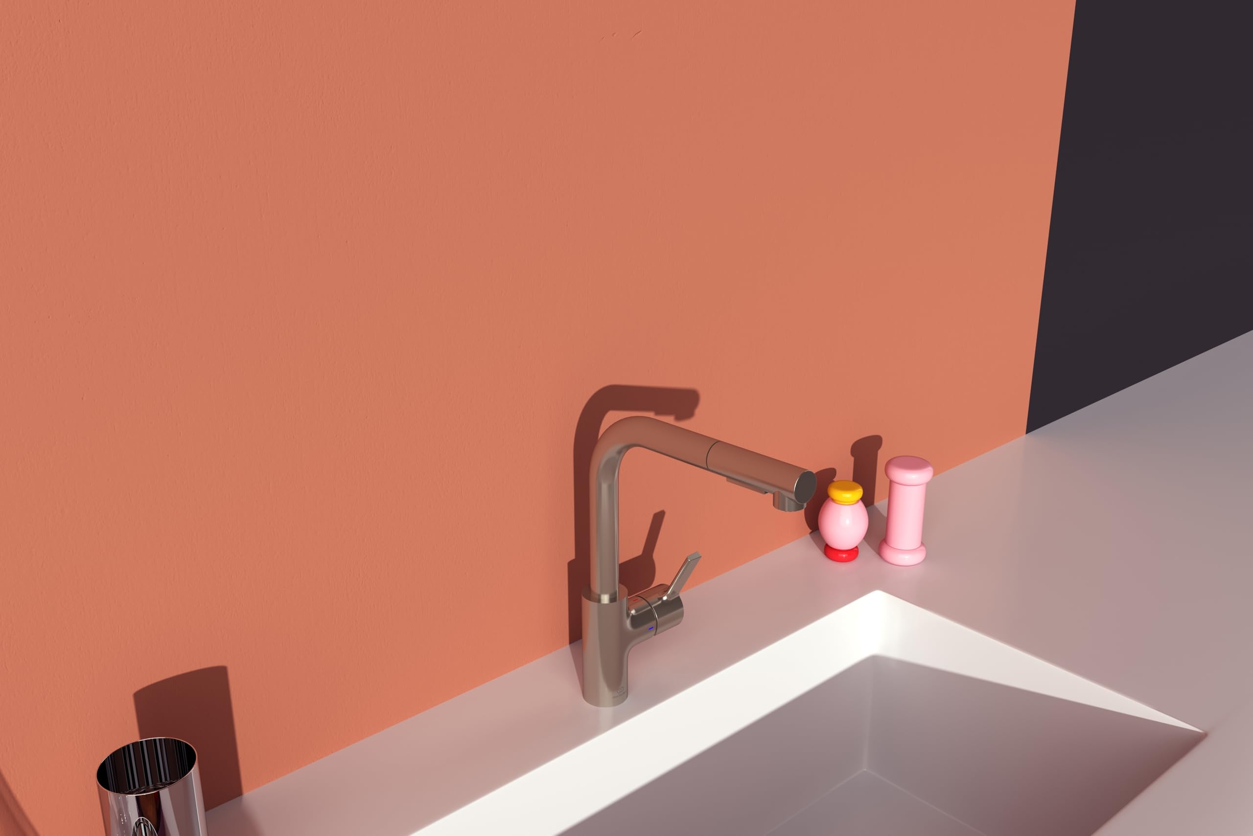 Ideal Standard – Gusto Monomando de cocina, Caño redondo en L, con rociador extraíble y dos modos de chorro, caño giratorio 360°, fácil de instalar con fijación EasyFix+, Tormenta Plateada