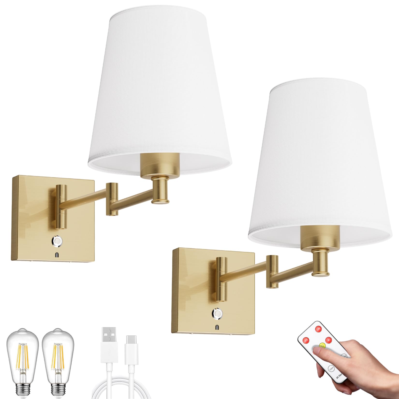Aipsun 6000mAh Aplique de Pared interior Batteria regulable,2PCS Lámpara de pared inalámbrica con mando a distancia, Lámpara de pared recargable,2700K Aplique de Pared de brazo giratorio,6W,ORO