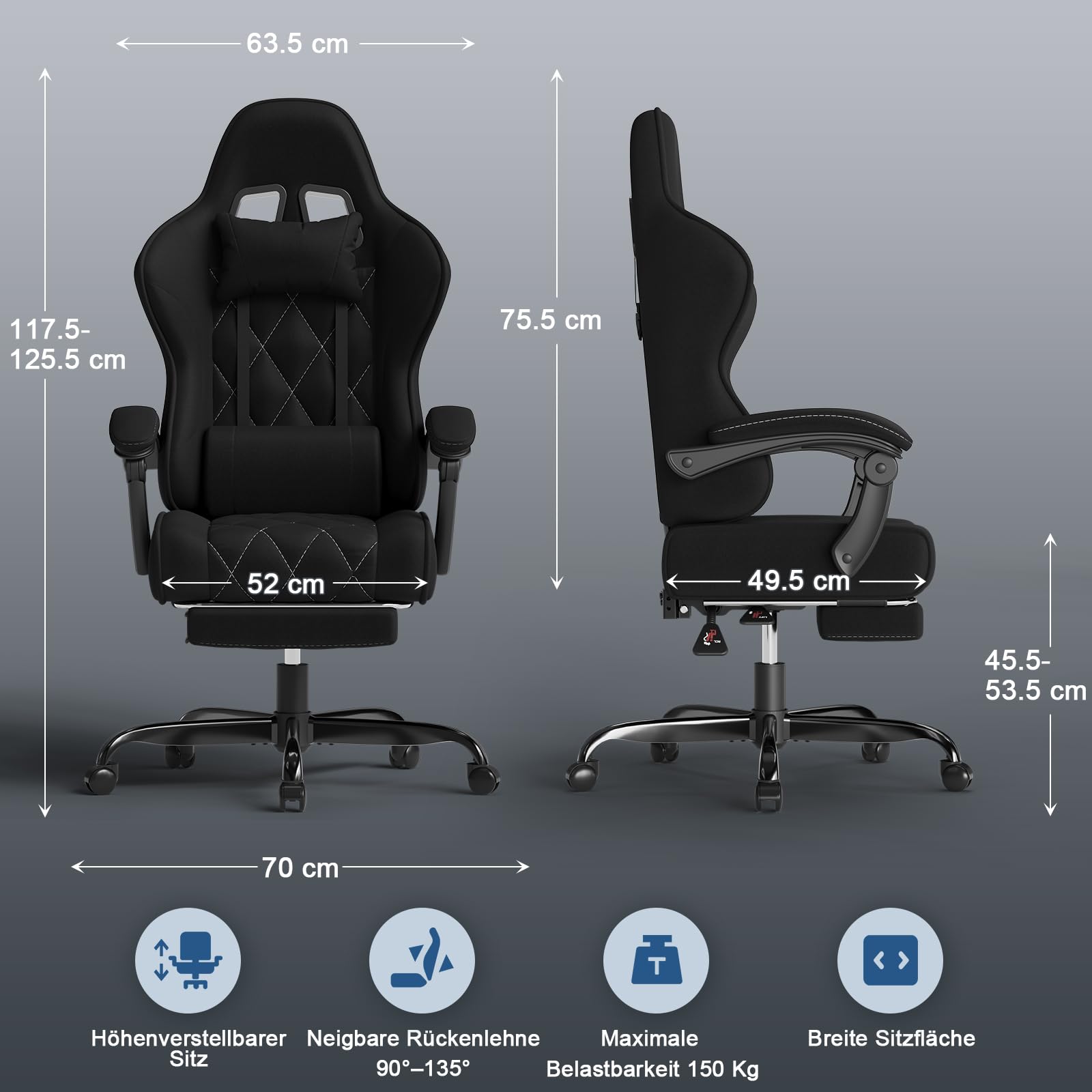 Devoko Gaming Stuhl Stoff ergonomisch mit Massagefunktion und Fußstütze, Taschenfederkernpolster, 135° verstellbar, atmungsaktiv für Home Office oder Gaming Zimmer schwarz