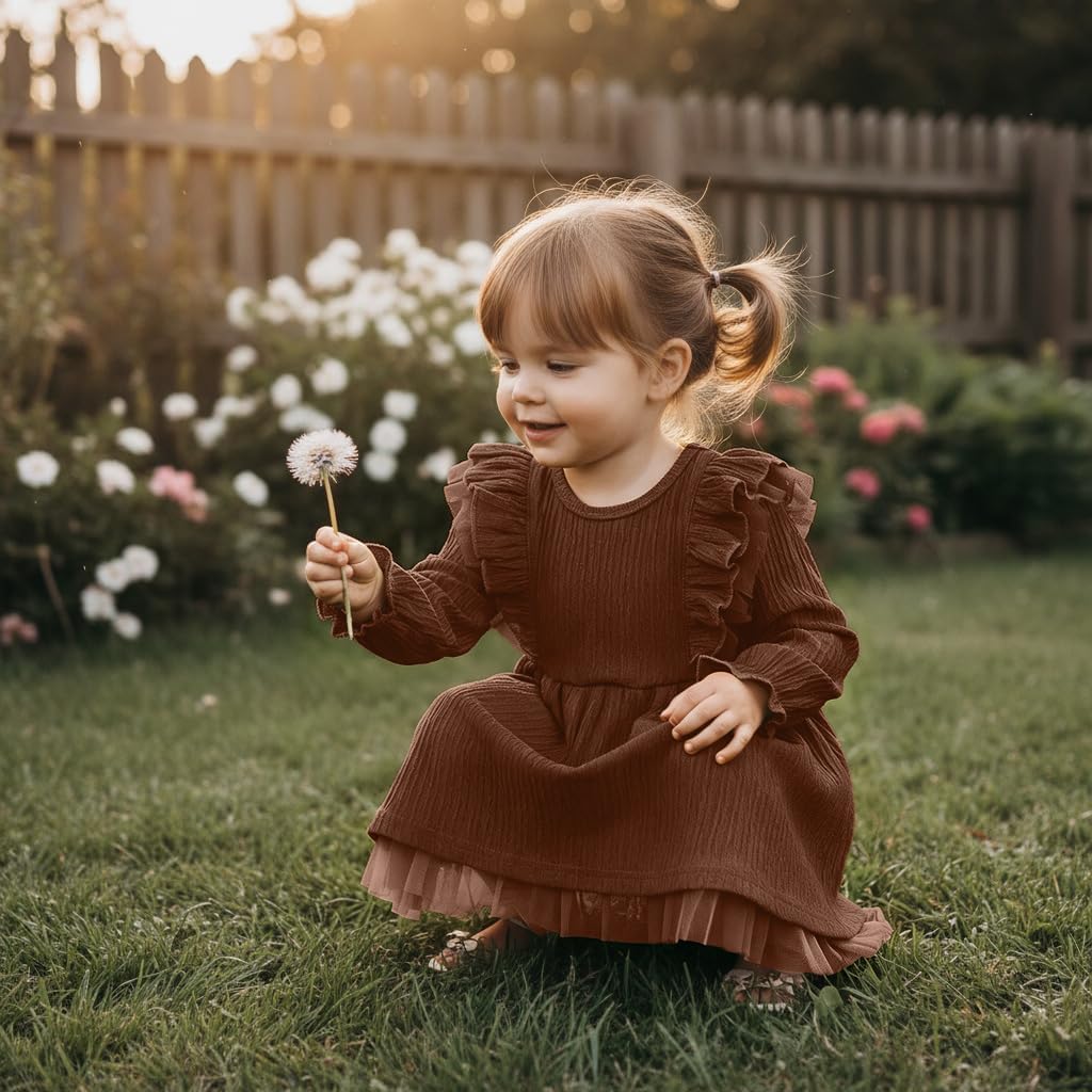 Toddler Girl Dress Fall Ruffle Long Sleeve Baby Girl Solid Color Casual Dresses 2-6Y - Image 4