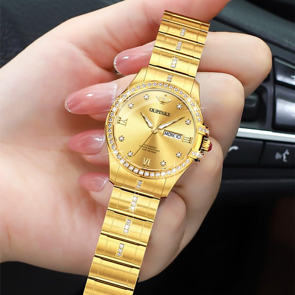 OUPINKE Womens Automatic Watches Mechanical Diamond Luxury Dress Self Winding Stainless Steel Waterproof Luminous Wrist Watches for Women Gift