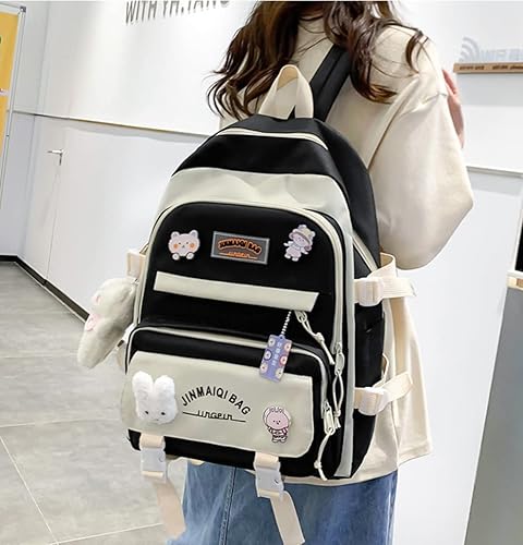 Vista 5 de Juego de 5 mochilas kawaii con colgante de oso y alfileres - Kit de mochila de conejito de anime japonés con diseño de retazos, Negro -, Mochila