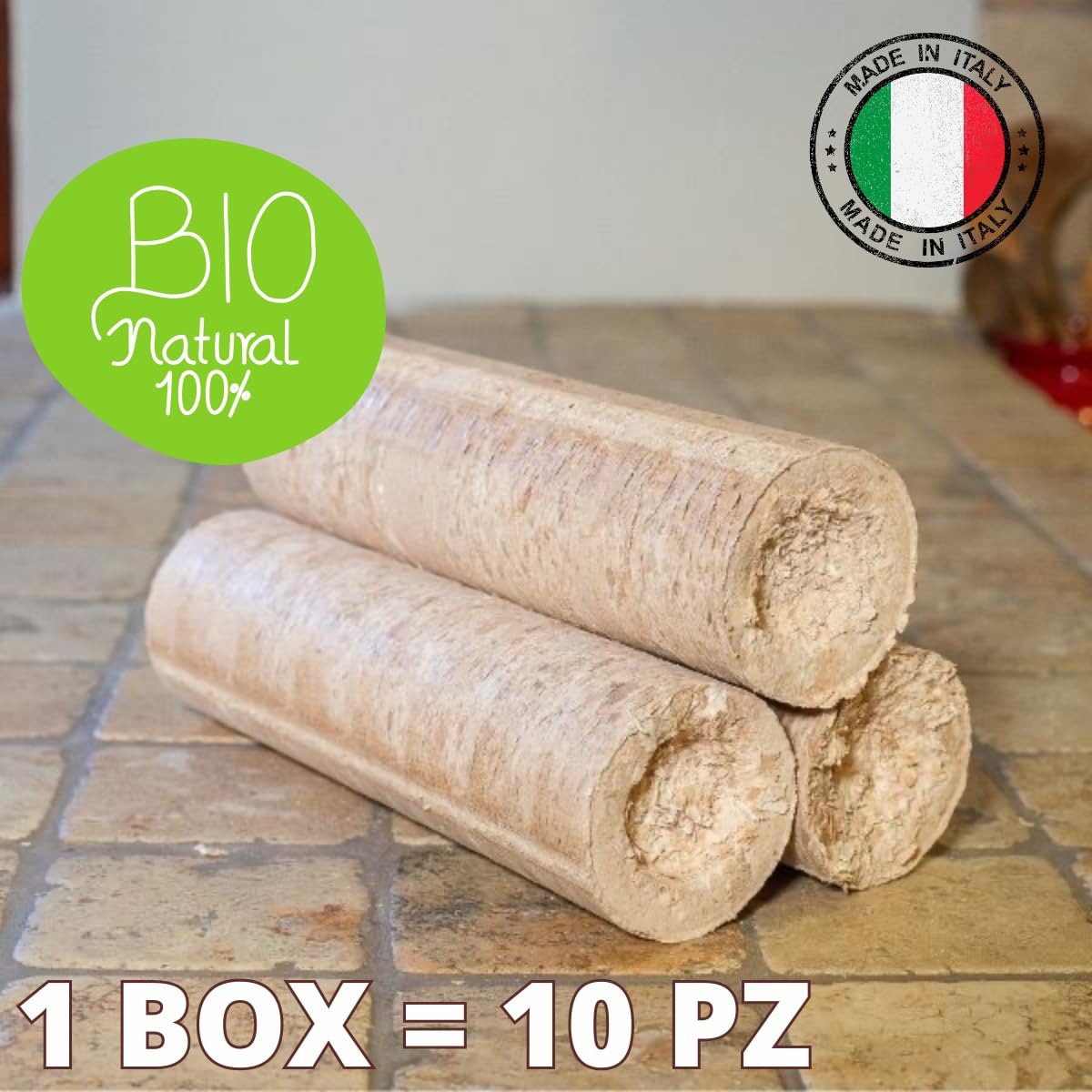 Tronchetti Legno Faggio,10KG, Bricchetti Per Stufe, Caminetti, Forni Pizzeria, 8Pz, Naturale (4 Cartoni)