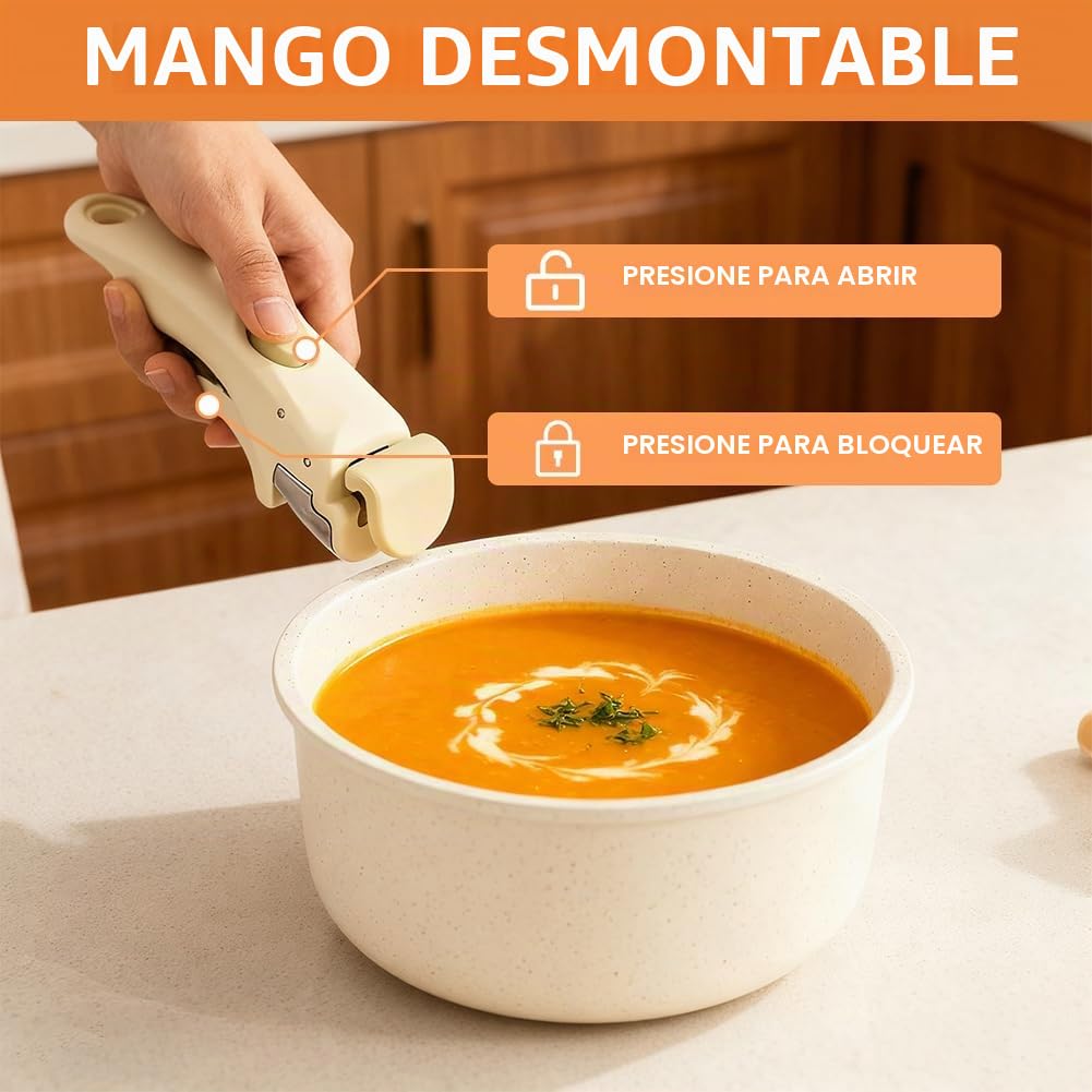 Juego de ollas de cerámica de 16/18/20 cm con mango extraíble y tapa 3 en 1, olla antiadherente de inducción para todo tipo de cocinas, apta para horno, apta para lavavajillas, juego de ollas que