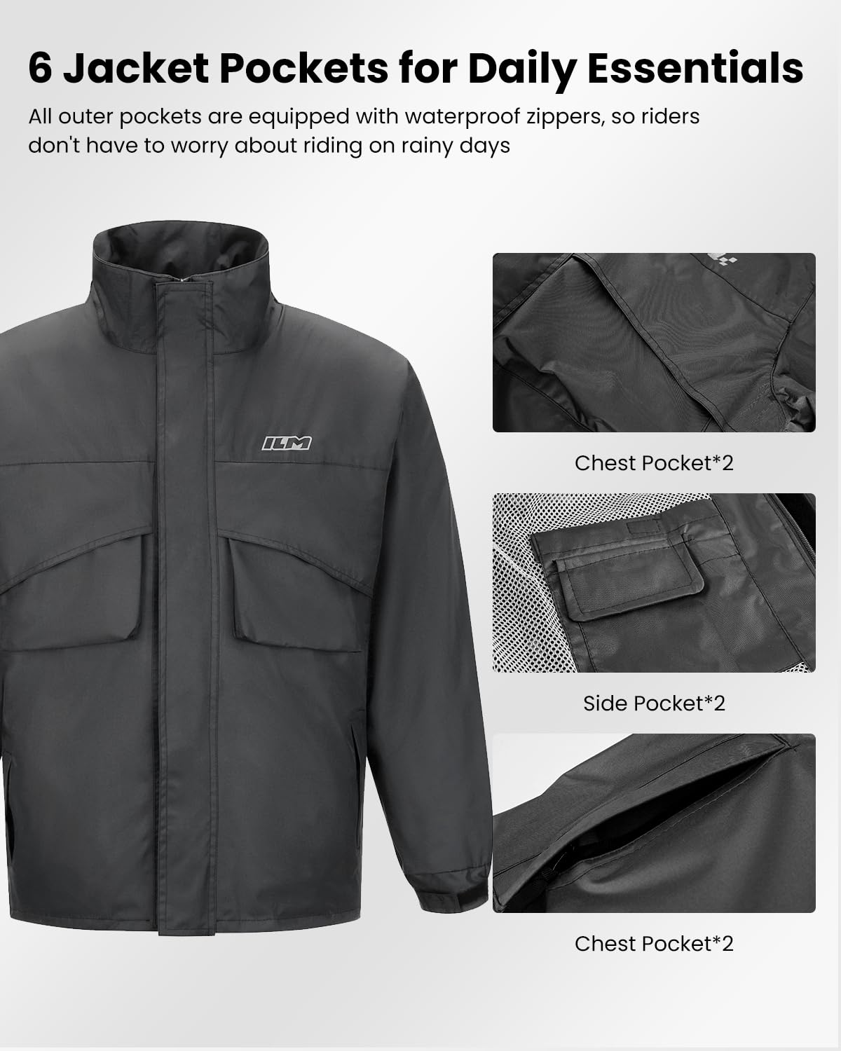 ILM Combinaison Pluie Imperméable Moto Homme Femme-Vêtements de pluie Résistante à l'usure, 6 Poches, Ensemble de 2 Pièces avec Veste et Pantalon,Homme-Gris,L