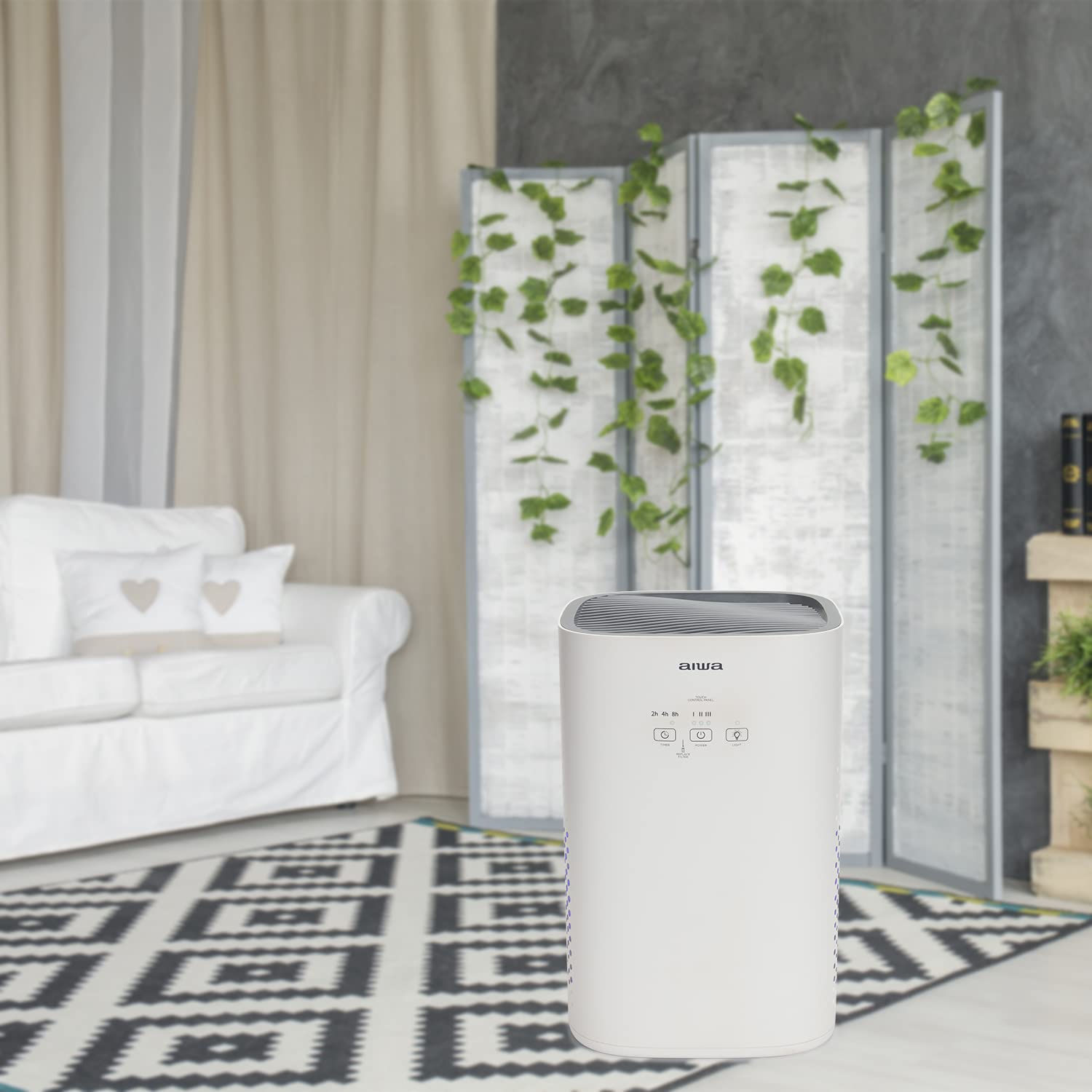 Aiwa PA-100: Purificador de Aire con Filtro H13 HEPA, Ionizador, Filtración 99,95%, Ultra Silencioso, Temporizador, 3 Velocidades de Ventilación, UV LED, 17 m², Control Táctil, Blanco