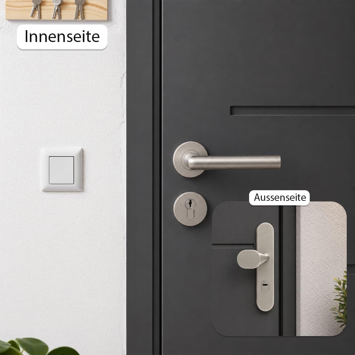 MS Beschläge Haustür Wechselgarnitur Edelstahl 10/92mm mit Kernziehschutz - Schutzbeschlag mit Außenschild und Innenrosetten - Kombibeschlag Türdrücker PZ matt geb. (Griffplatte/Drücker, DIN rechts)