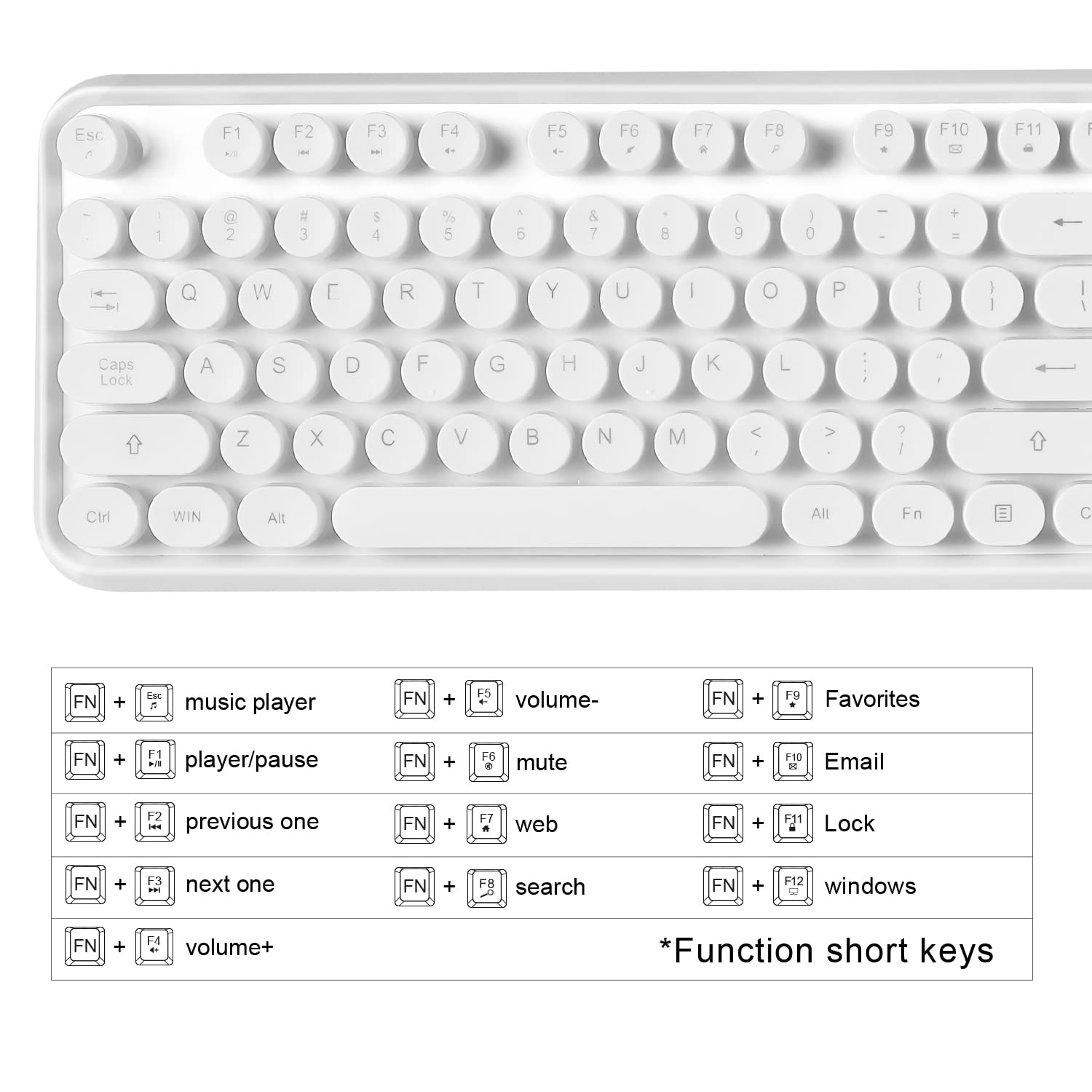 Bezprzewodowa klawiatura i mysz, urocze okrągłe klawisze, pełnowymiarowa klawiatura retro do pisania z wtyczką Plug & Play 2,4 GHz, do Windows 11/10/7, laptopa, komputera, notebooka, Smart TV (biała)