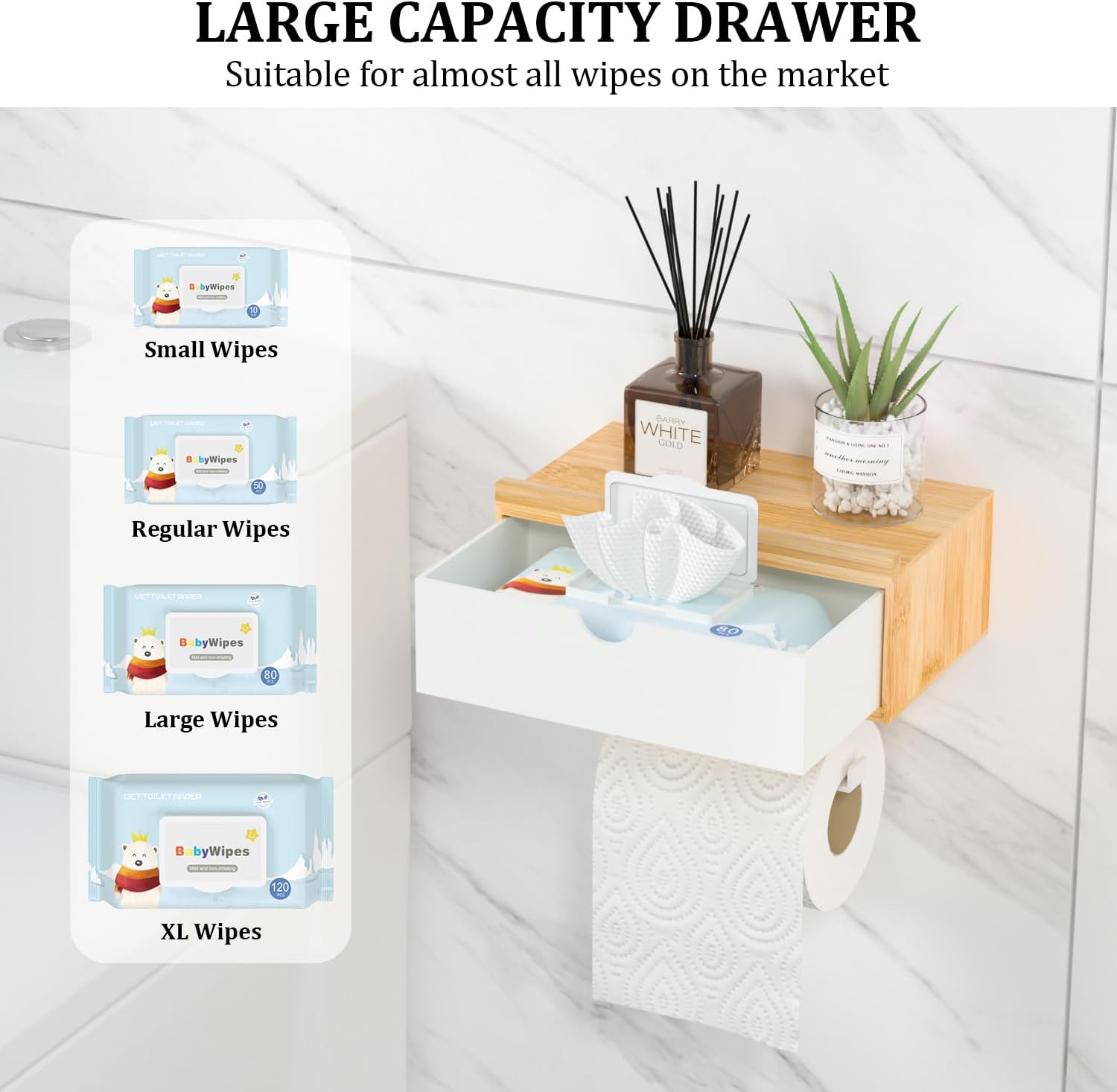 Domax Toilet Paper Holder with Shelf,Wall Mount/Adhesive Bathroom Toilet Paper Holder,Bamboo Wood Tissue Toilet Roll Holder with Storage Drawer for Organizer Wipes,Fits Any Room, Bamboo+White, Large