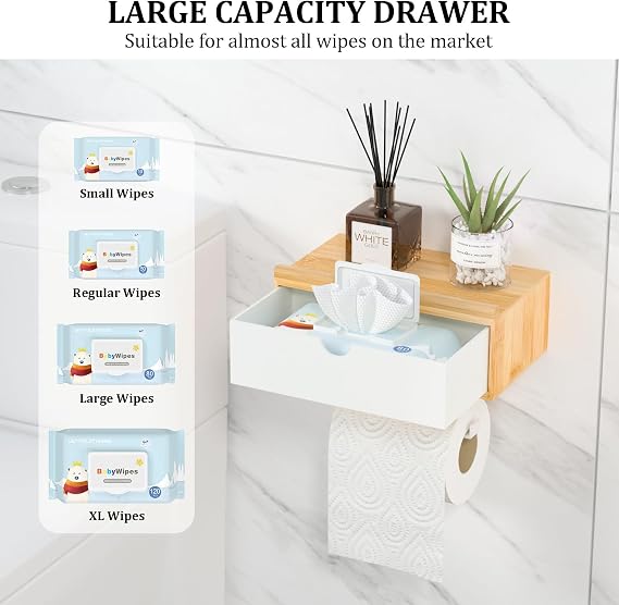Domax Toilet Paper Holder with Shelf,Wall Mount/Adhesive Bathroom Toilet Paper Holder,Bamboo Wood Tissue Toilet Roll Holder with Storage Drawer for Organizer Wipes,Fits Any Room, Bamboo+White, Large