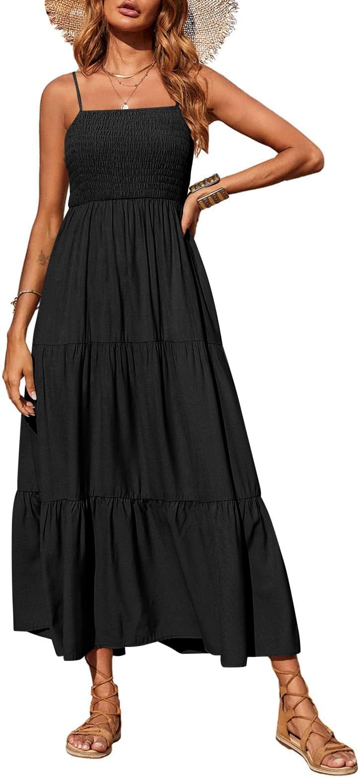 Women's Summer Maxi Dress 2026 Casual Boho Sleeveless Spaghetti Strap Smocked Tiered Long Beach Sundresses