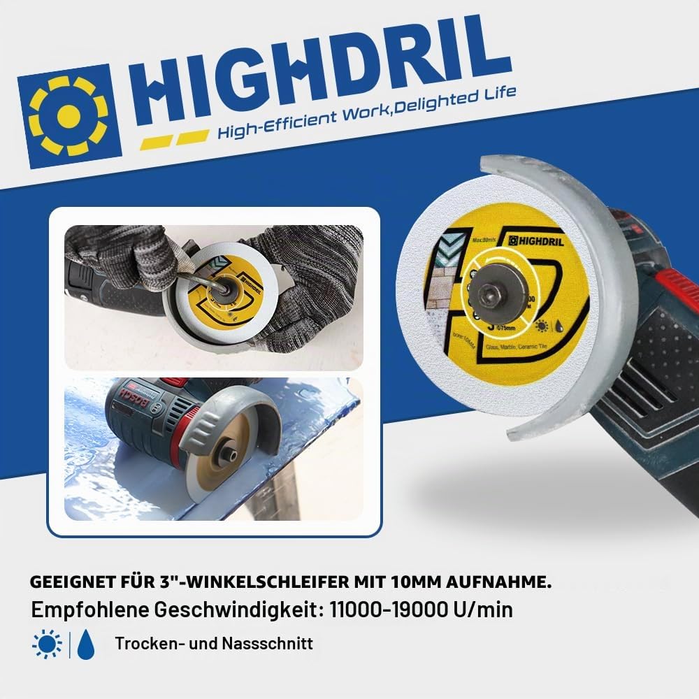 HIGHDRIL Diamant Glas Trennscheibe 75mm x Arbor 10mm - 4 Stk. Kreissägeblatt zum Schneiden von Glas Marmor Fliesen Jade Kristall Weinflasche