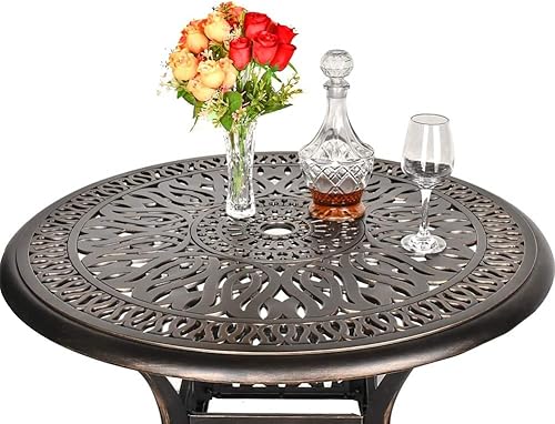 Miniatura 6 de TITIMO Juego de 3 piezas de bistró para exteriores, juego de conversación de aluminio fundido con 2 sillas giratorias de patio y 1 mesa redonda para