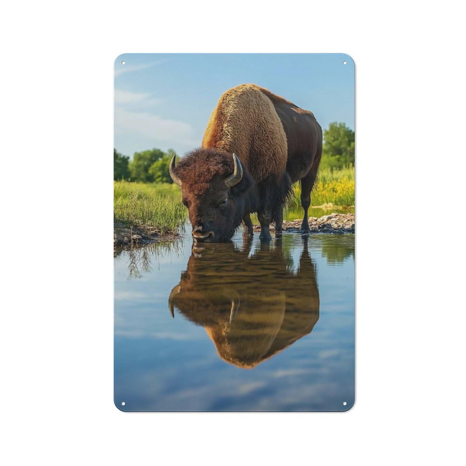 Bison Drinking from Pond Wildlife Photo Retro Tin Sign 30x20cm for Guest Room Or Hallway, for Kitchen, Dining Room And Home Bar Wall Decor