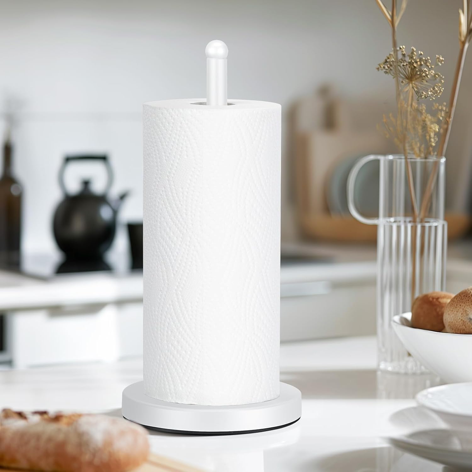 Kitchen Roll Holder, Wooden Paper Tower Stand with Anti Slip Pad, Round Tissue Paper Roll Holder ...