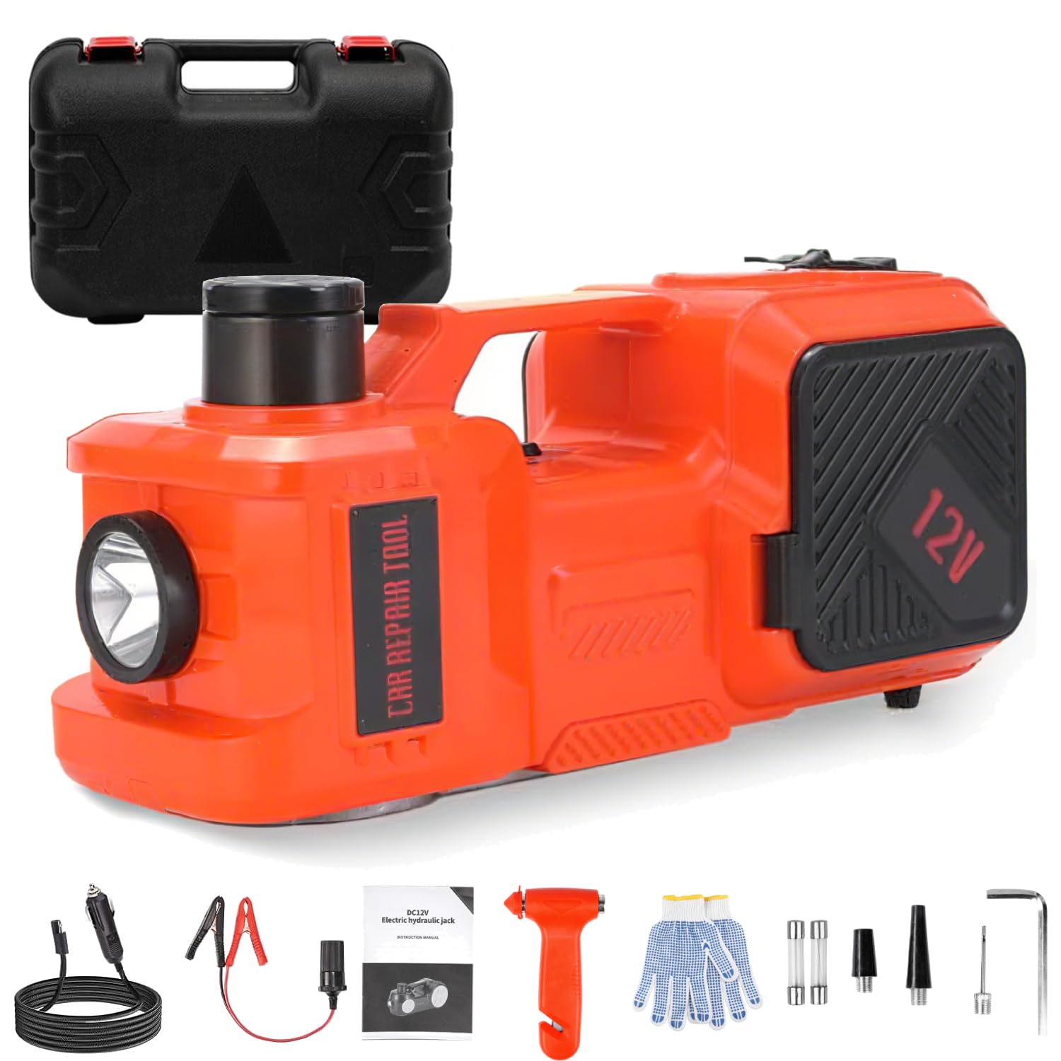 Gato Hidráulico Eléctrico, 5T 12V Elevador Automático de Coche con Luz LED y Inflador de Neumáticos, 150-450 mm Desmontadora de Neumáticos para Carretera SUV Sedán o Cualquier Vehículo