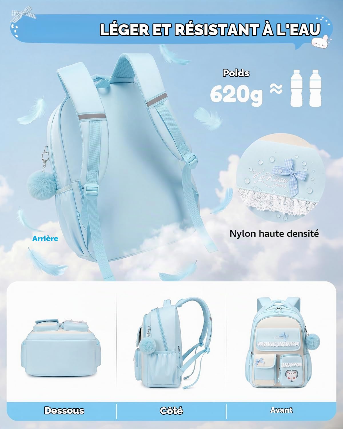 Tanou Cartable Fille Primaire, Sac à Dos pour Enfants du CP au CM2 | Nylon Imperméable, Sac d'école Primaire Kawaii avec Nœud pour Filles de 7 à 14 ans, Bleu