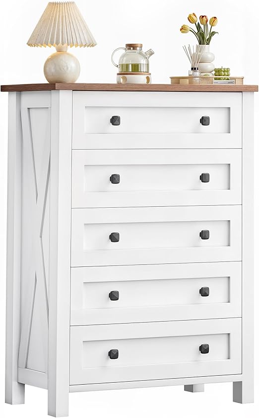 DWVO Farmhouse 5 Drawer Dresser for Bedroom with Power Outlets, Modern Tall Nightstand with Deep Drawers, Wood White Closet Dresser for Living Room, Entryway, Hallway
