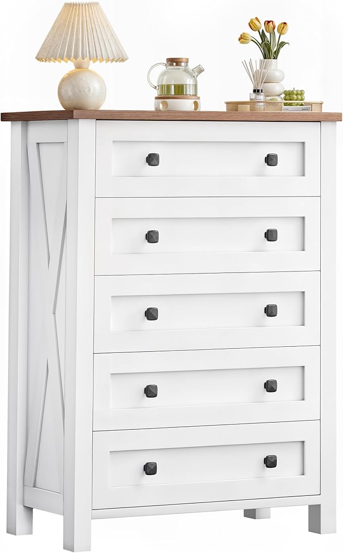 DWVO Farmhouse 5 Drawer Dresser for Bedroom with Power Outlets, Modern Tall Nightstand with Deep Drawers, Wood White Closet Dresser for Living Room, Entryway, Hallway