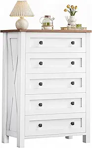 DWVO Farmhouse 5 Drawer Dresser for Bedroom with Power Outlets, Modern Tall Nightstand with Deep Drawers, Wood White Closet Dresser for Living Room, Entryway, Hallway