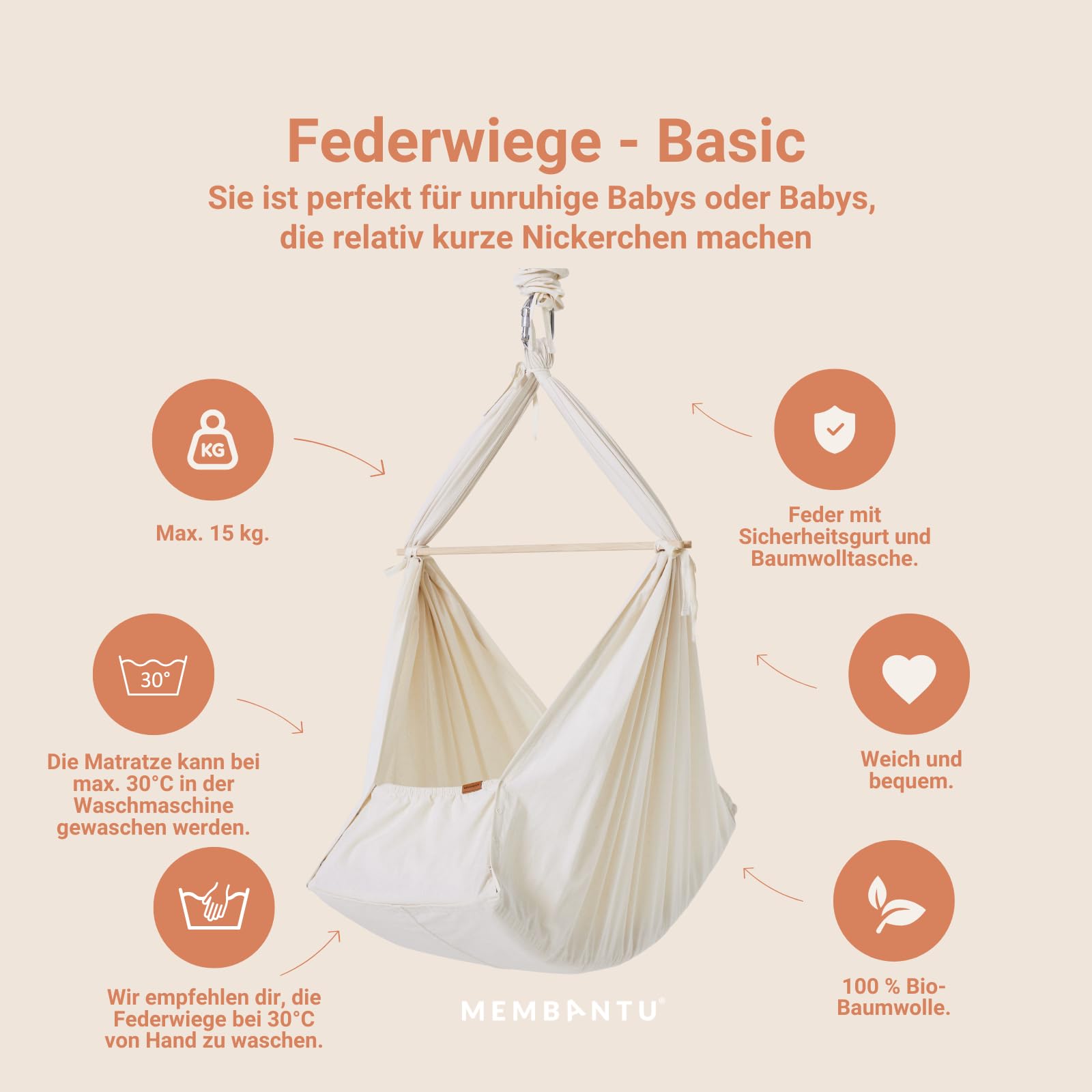 Federwiege Basic – 100 % Bio-Baumwolle, sanft & sicher für Babys, kompatibel Wiegenständer & LeeLo Motor, Abnehmbarer Bezug, natürliche Geborgenheit
