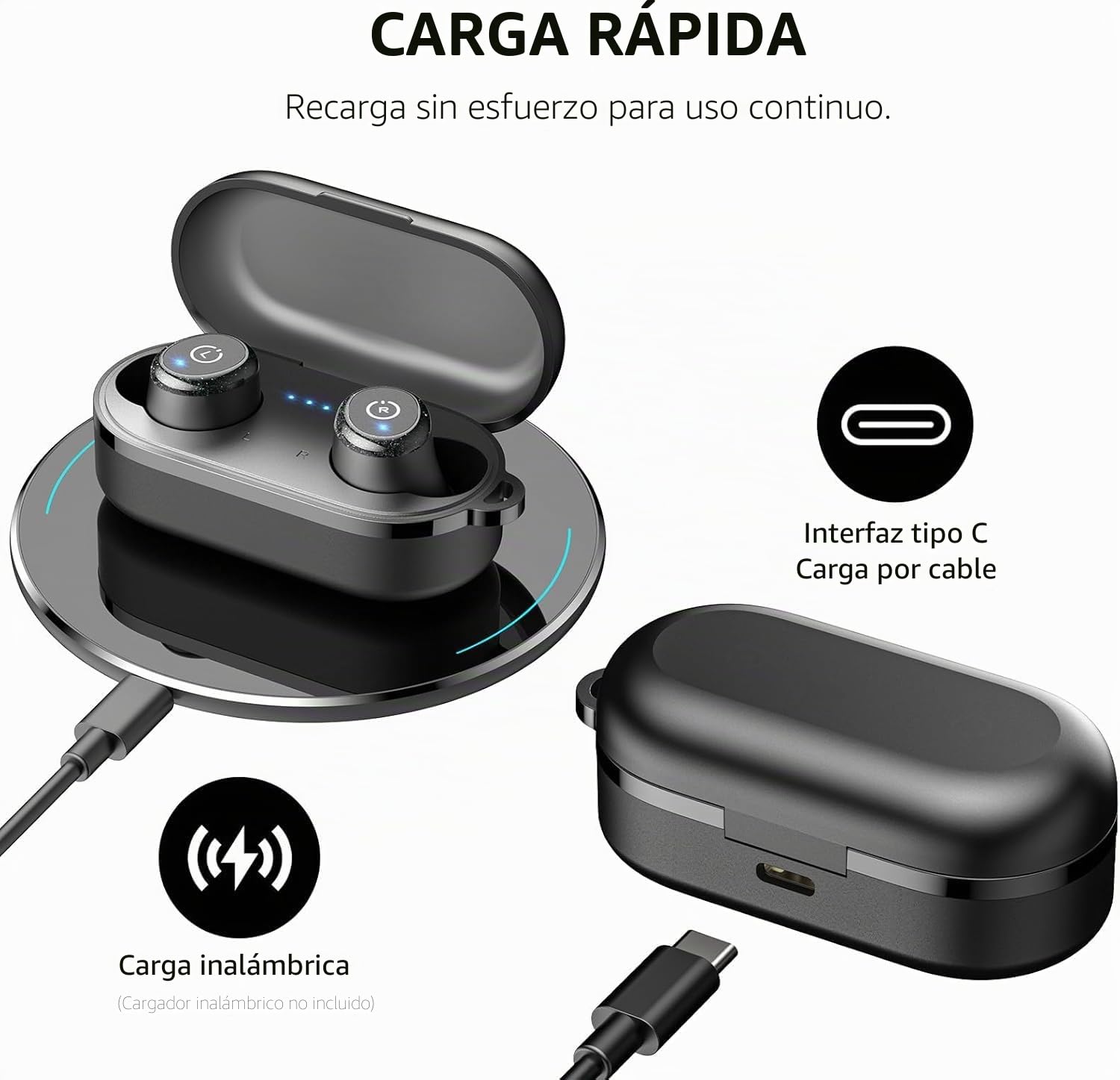 TOZO T10 Auriculares Inalámbricos Bluetooth 5.3 con Control Táctil ORIGX Acústico EQ Ajuste 45H Reproducción Soporta Carga Inalámbrica y USB Tipo C IPX8 Negro