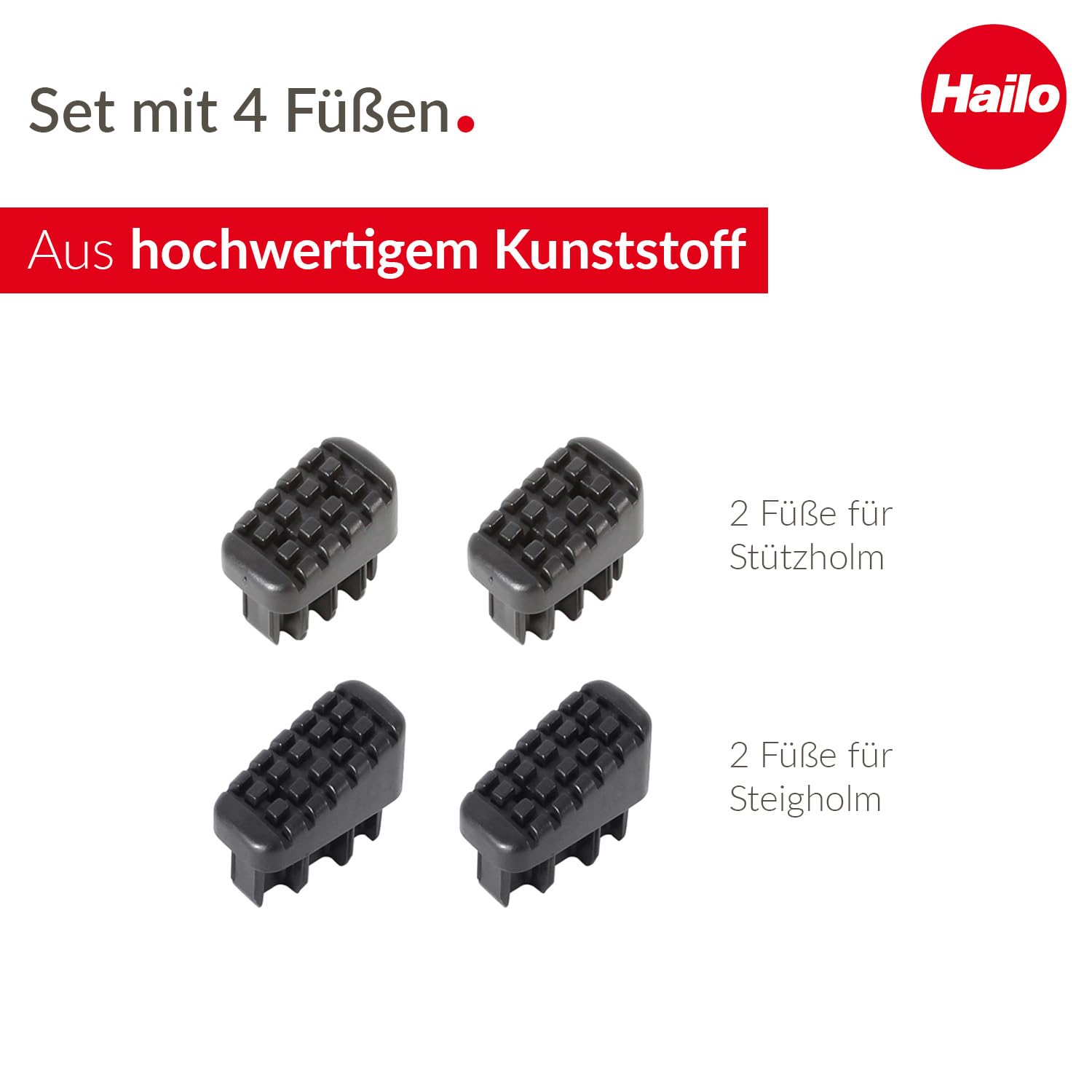 Hailo Lot de 4 pieds d'échelle - Pieds de rechange pour échelles ménagères Hailo telles que L20, L40 BasicLine et L50, L60 StandardLine - 43 x 20 et 35 x 20 mm, noir