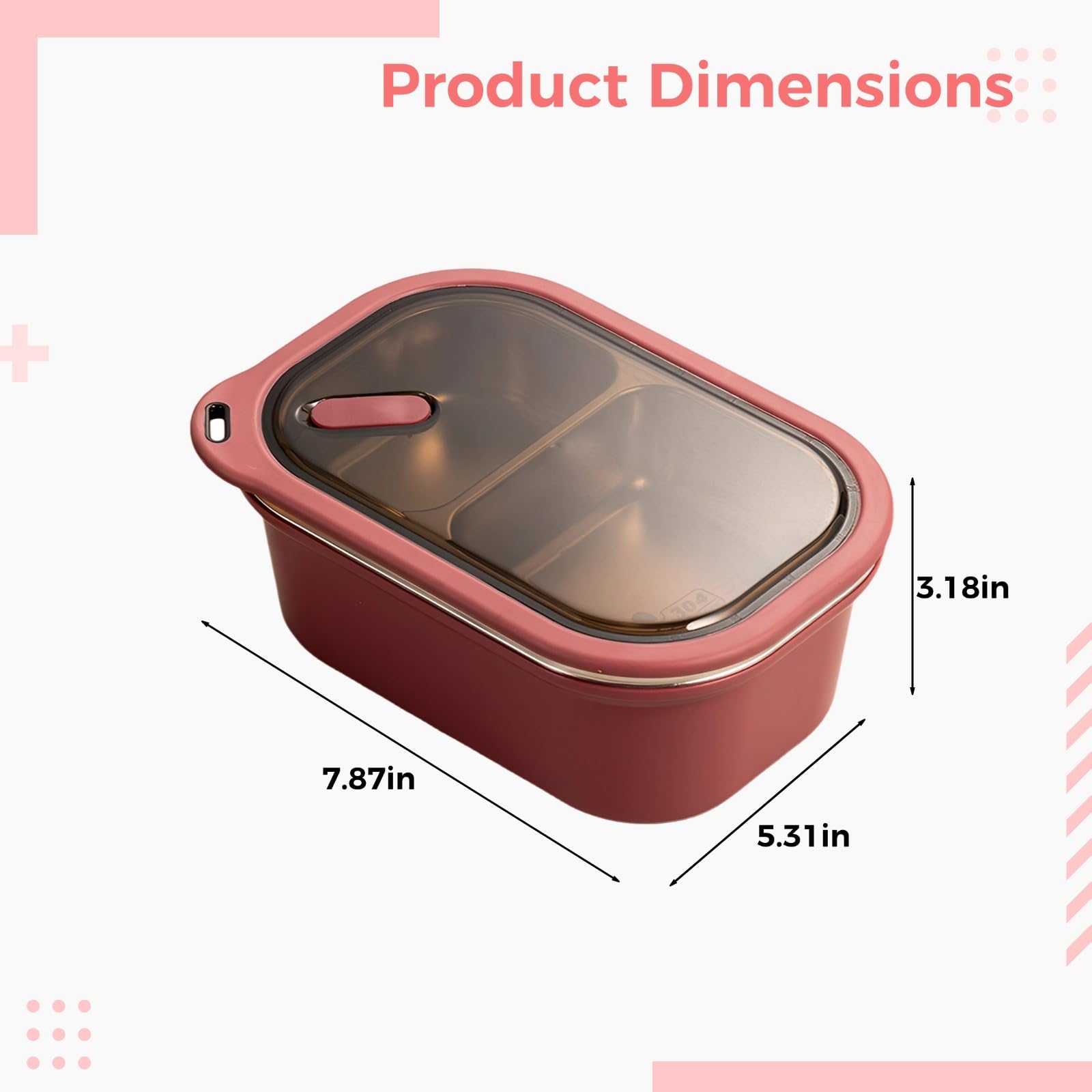 Boîte repas en acier inoxydable 1200 ml pour adultes, bento portable pour jeunes, avec 2 compartiments, 20 x 13,5 x 8,1 cm, rose, intérieur 304, couvercle avec joint en silicone
