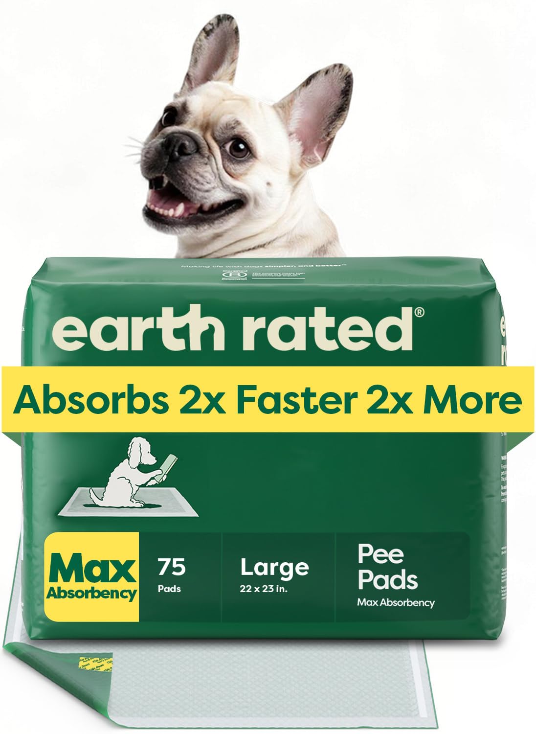 Earth Rated Puppy Pads, Max Absorbency Pee Pads for Dogs, Absorbs 2X Faster & 2X More, Leak Prevention, Potty Training, Fragrance-Free, Unscented,