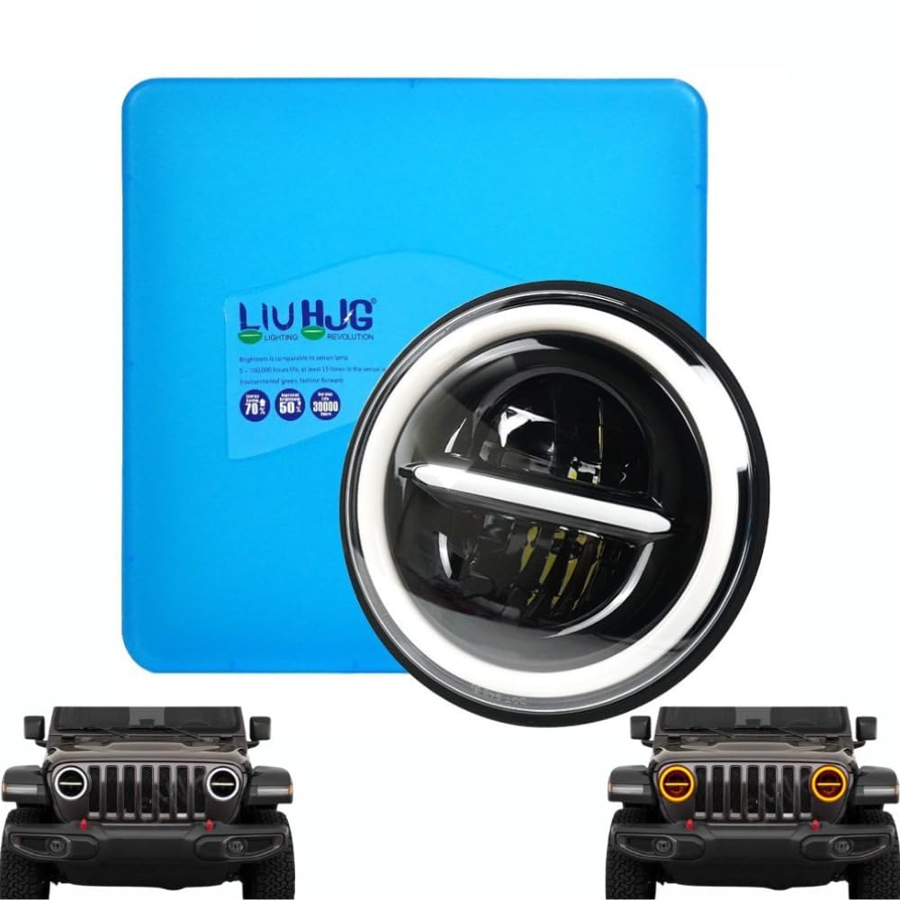 Sangam Moto LIU HJG 7 Inch LED Headlight Minus With Round Ring Angel Eye Compatible With Mahindra Thar, Wrangler, Royal Enfield Classic & Electra (Round With Minus DRL) 110W Round LED-image-5