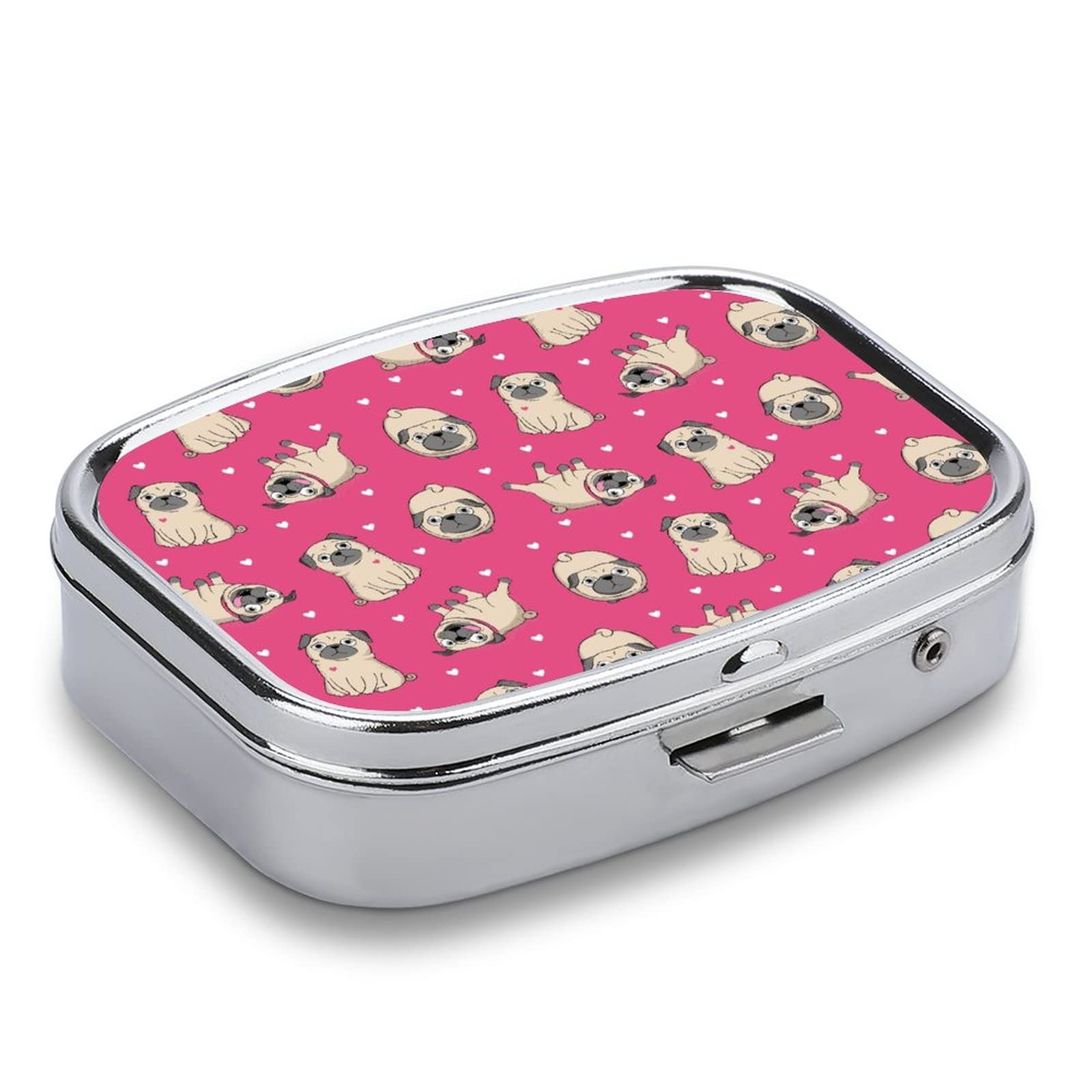 Pastillero De Viaje Pastillero Lindo Patrón De Corazones Pugs Pequeño Monedero Pastillero Caja De Almacenamiento De Medicamentos, Caja De Vitaminas Portátil