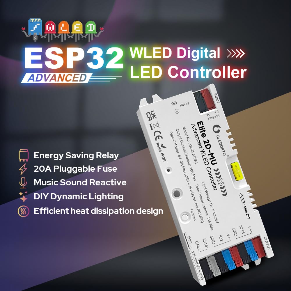 GLEDOPTO Contrôleur LED ESP32 WLED Élite 2D-MU, Relais Économie d'Énergie, Fusible 20A - pour Bandes LED Adressables WS2812B, SK6812, WS2815 (Blanc)