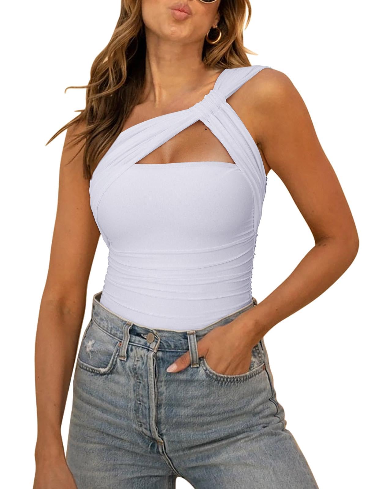 Photo 1 of REORIA Womens Sexy One Shoulder Asymmetrical Tank Top Leopard Print Mesh Ruched Sleeveless Backless Trendy Going Out Thong Bodysuits Tops White Medium