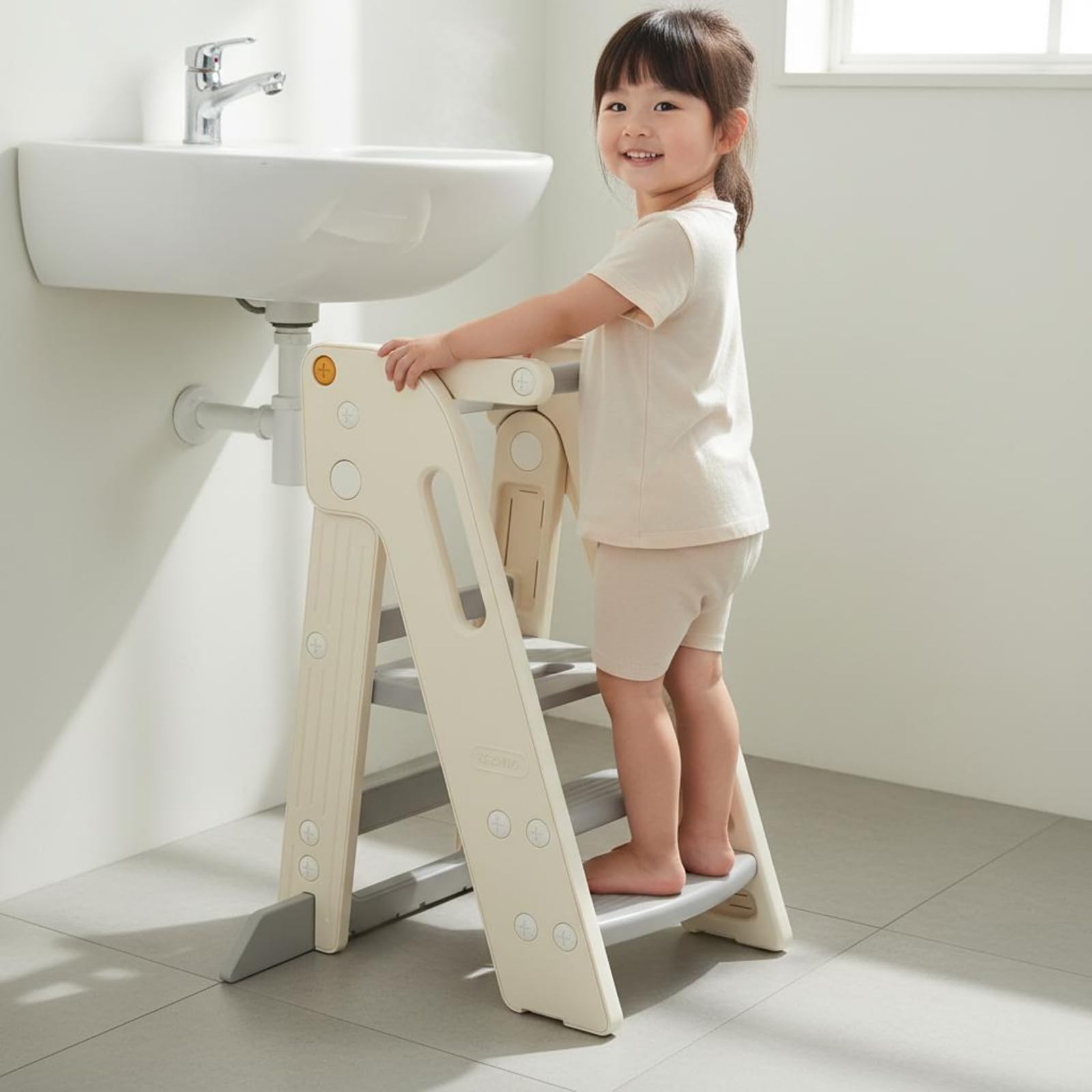 Milageto Taburete Plegable Infantil Escalón Torre de Aprendizaje Banco Elevador con de HDPE Antideslizante Adecuado para Baño Fregadero y Cocina en Casa, Gris Elegante