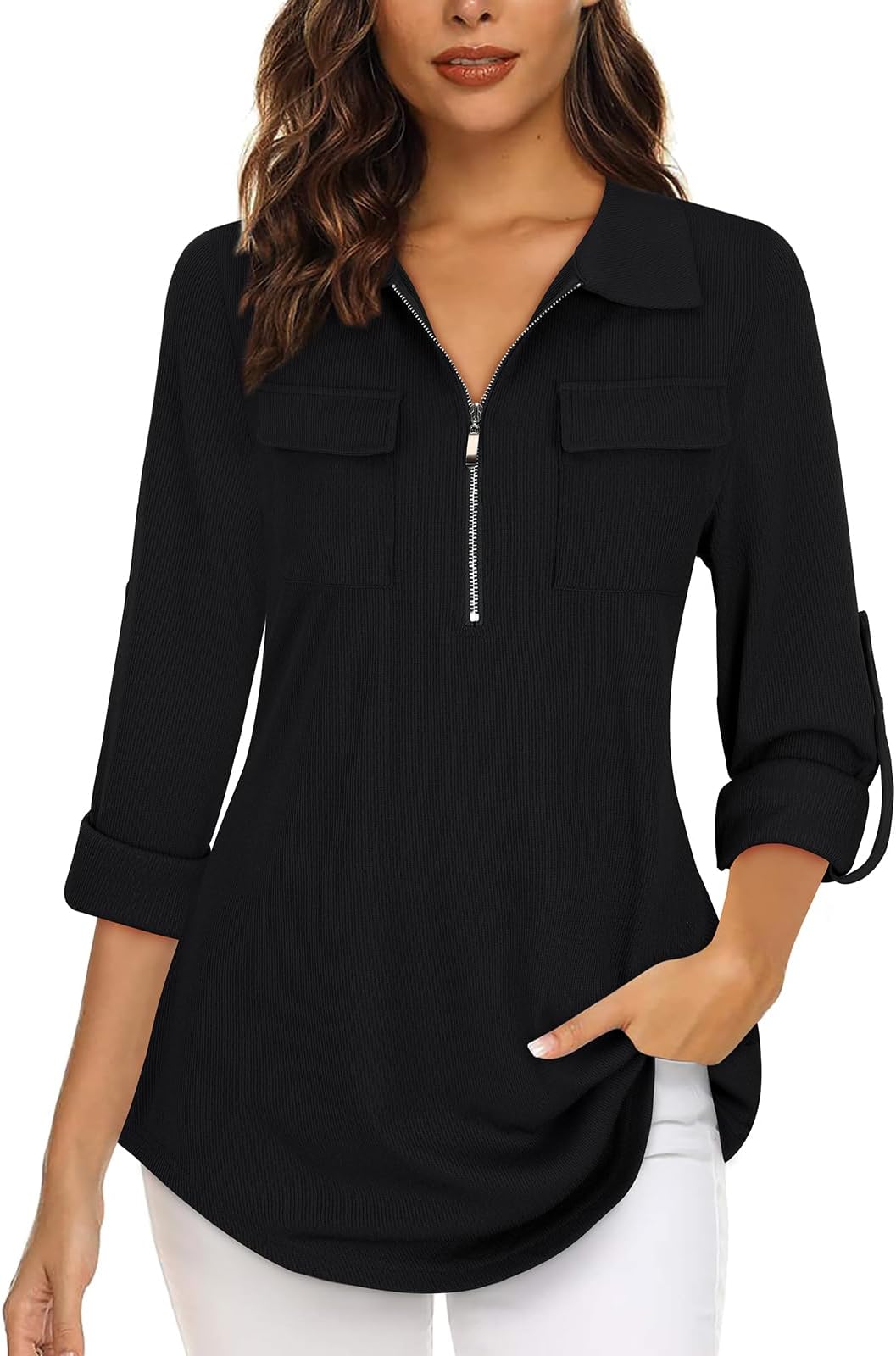 Womens Tops 3/4 Sleeve Tops for Women Polo Top Floral Printed Shirts with Zip Up V Neck Tunic Blouse Basic Tops