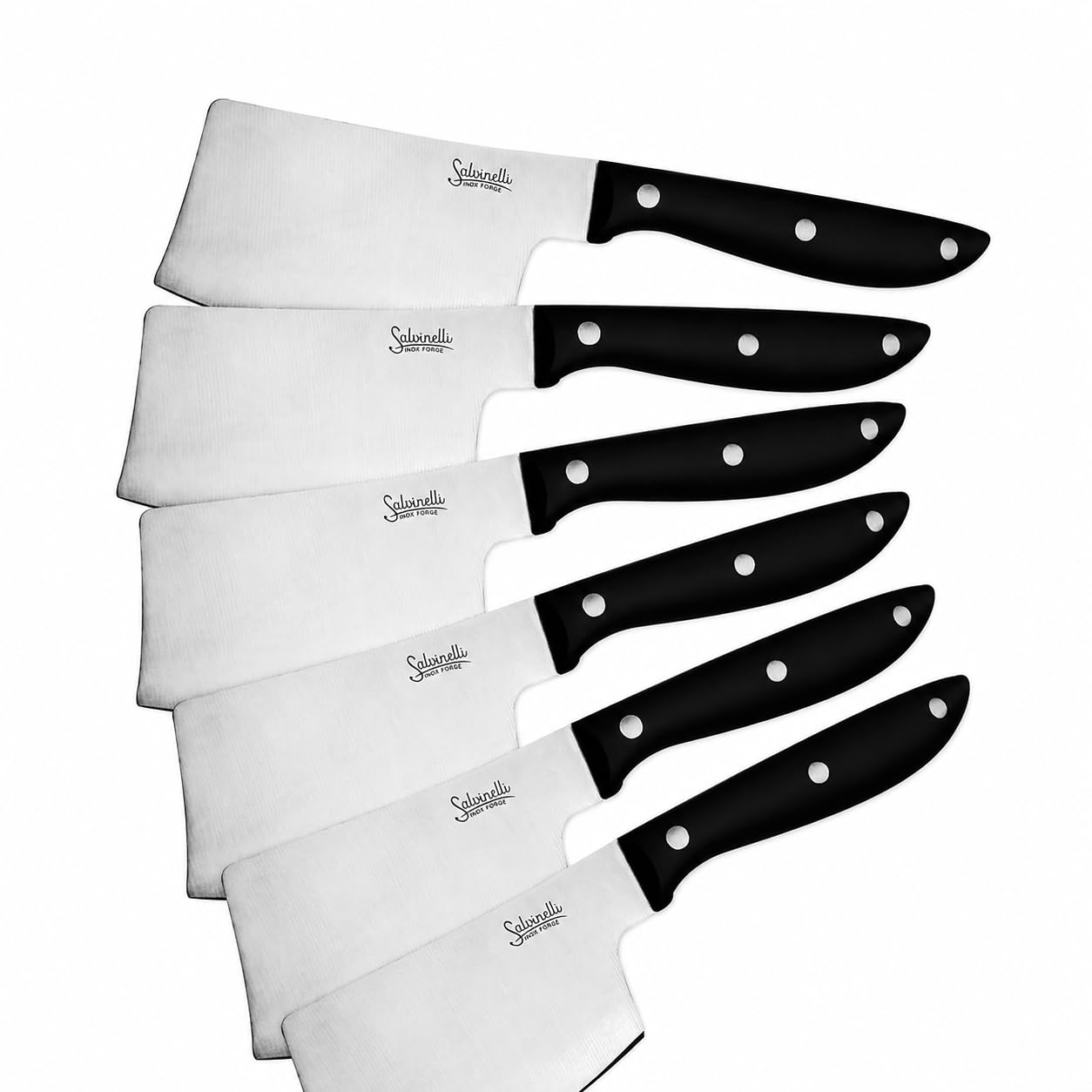Salvinelli BISTROT Coltello Manaretta Liscio, Acciaio Inox Forgiato, Coltello Carne 6 pezzi, Lama 75 mm, Manico Ergonomico, Nero e Acciaio